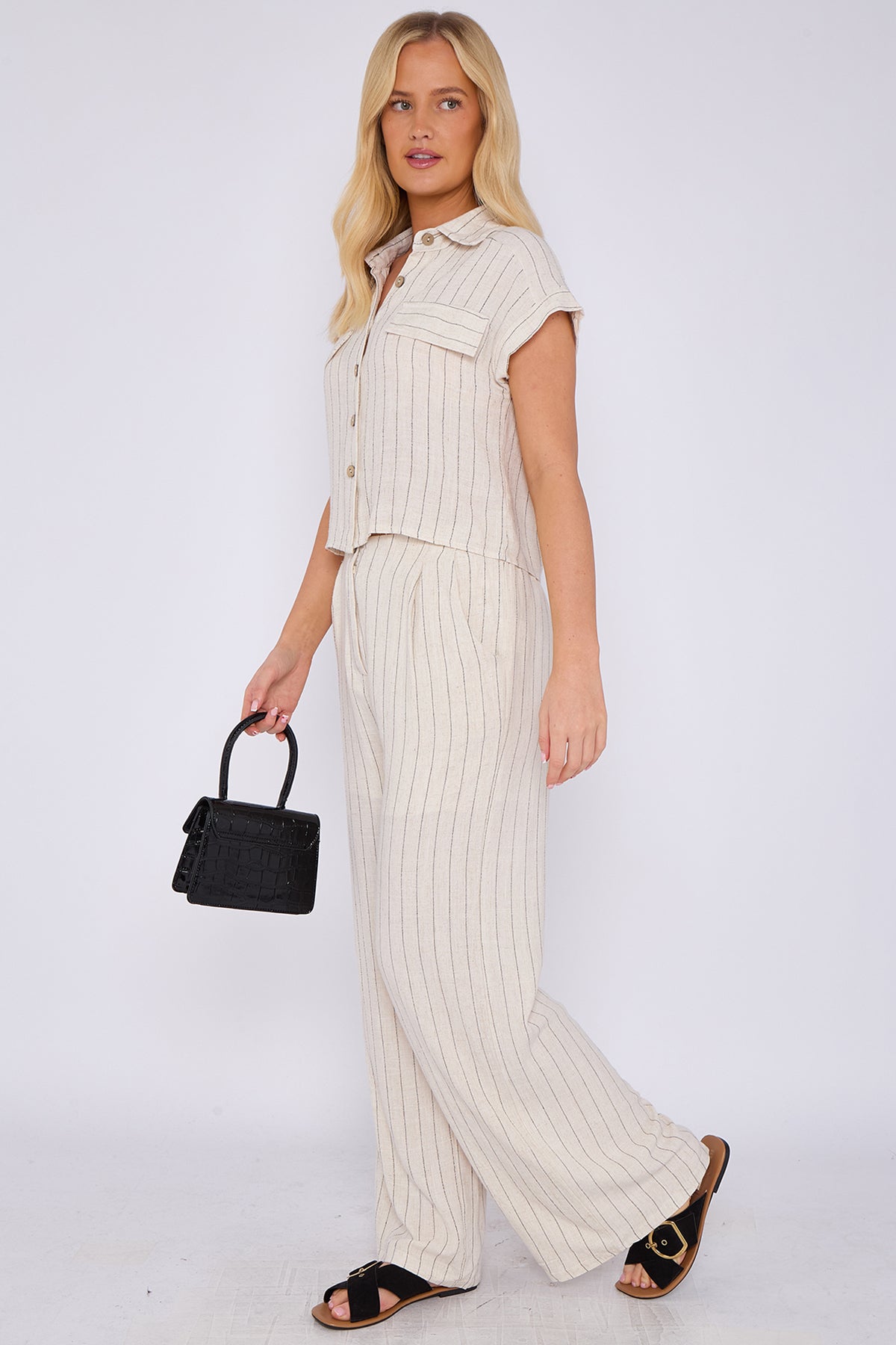 3Sets Stone Striped Cotton Linen Shirt and Trousers set