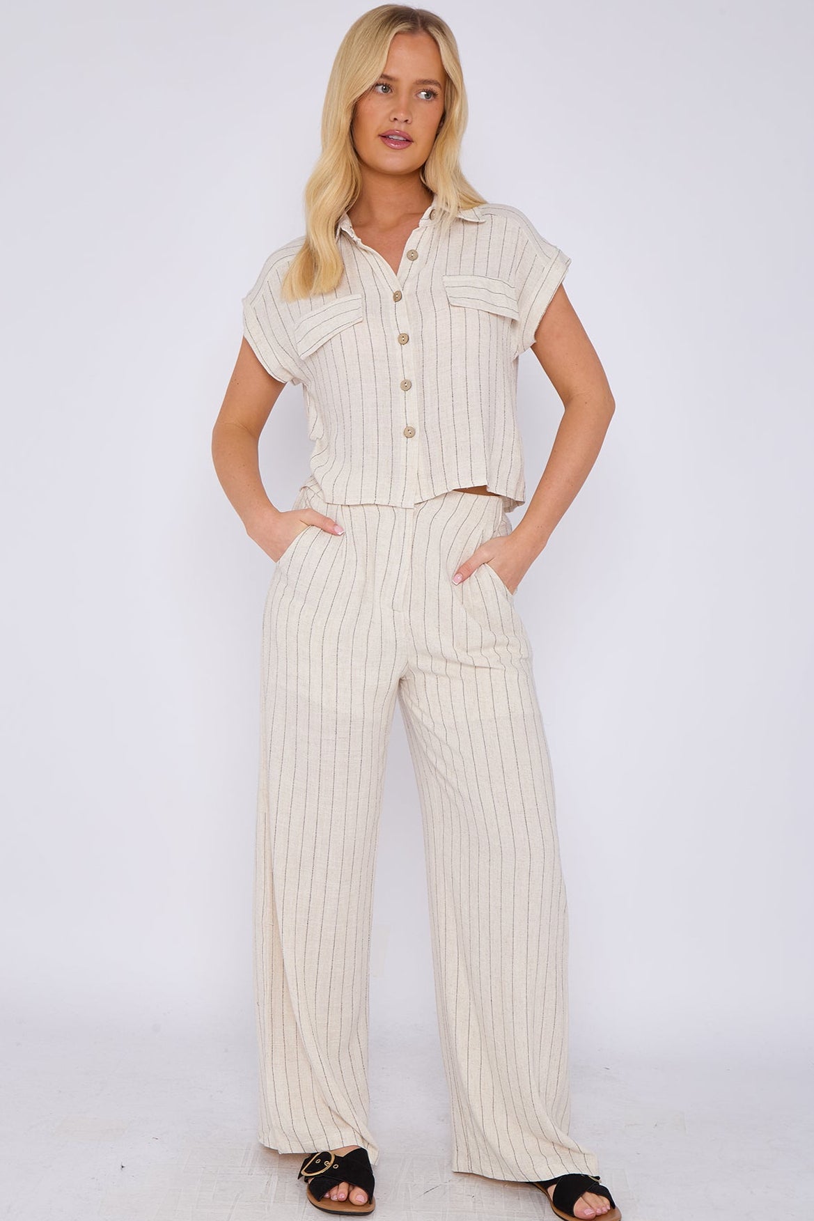 3Sets Stone Striped Cotton Linen Shirt and Trousers set