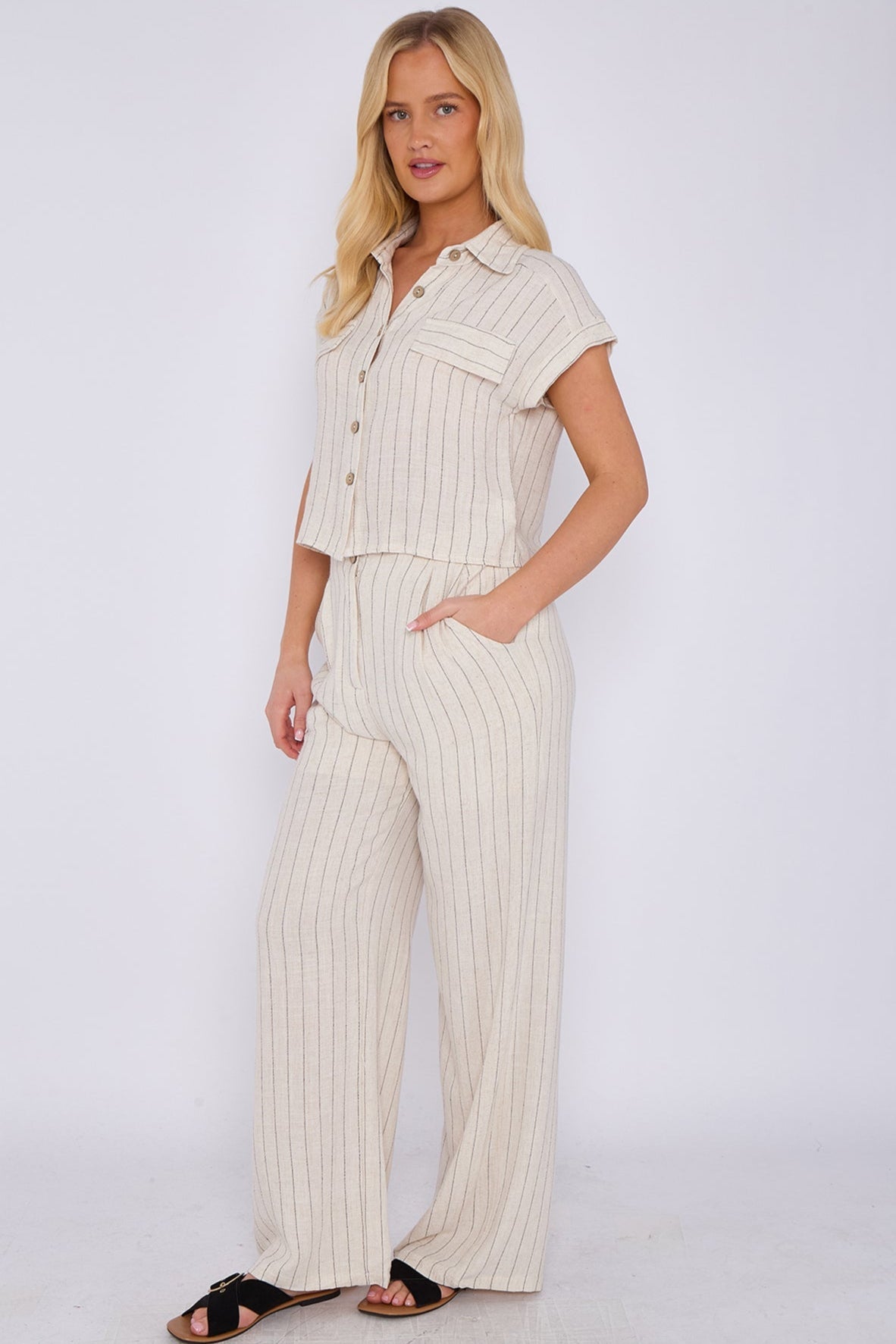 3Sets Stone Striped Cotton Linen Shirt and Trousers set