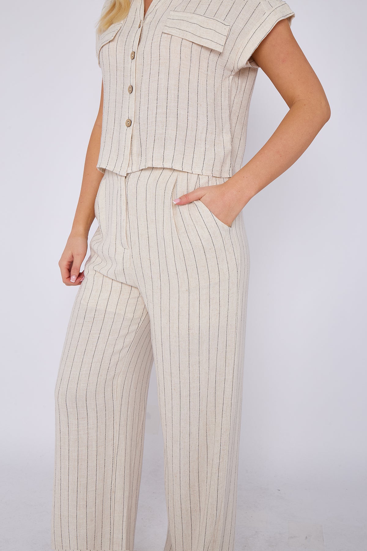 3Sets Stone Striped Cotton Linen Shirt and Trousers set