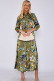 8Pcs Khaki Botanical Print Satin Maxi Shirt Dress