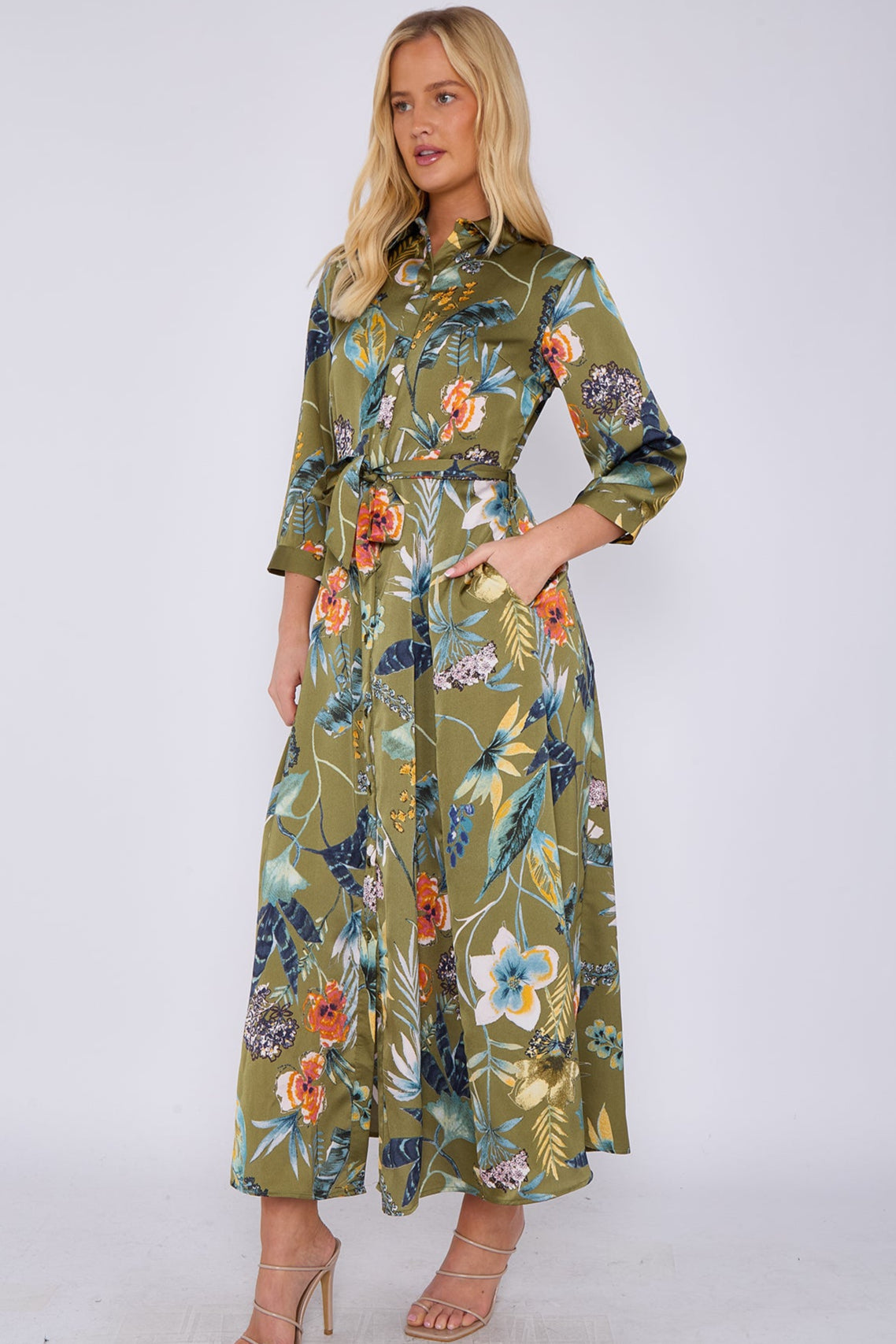 8Pcs Khaki Botanical Print Satin Maxi Shirt Dress
