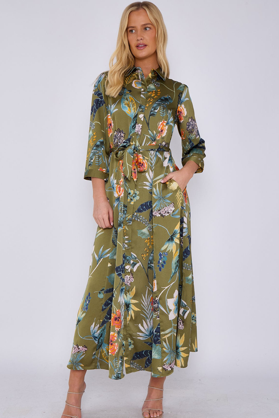 8Pcs Khaki Botanical Print Satin Maxi Shirt Dress
