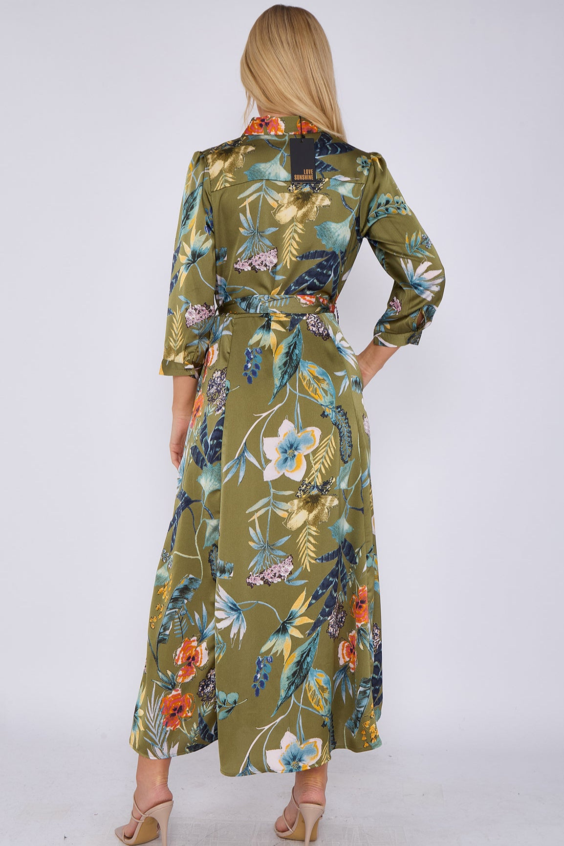 8Pcs Khaki Botanical Print Satin Maxi Shirt Dress