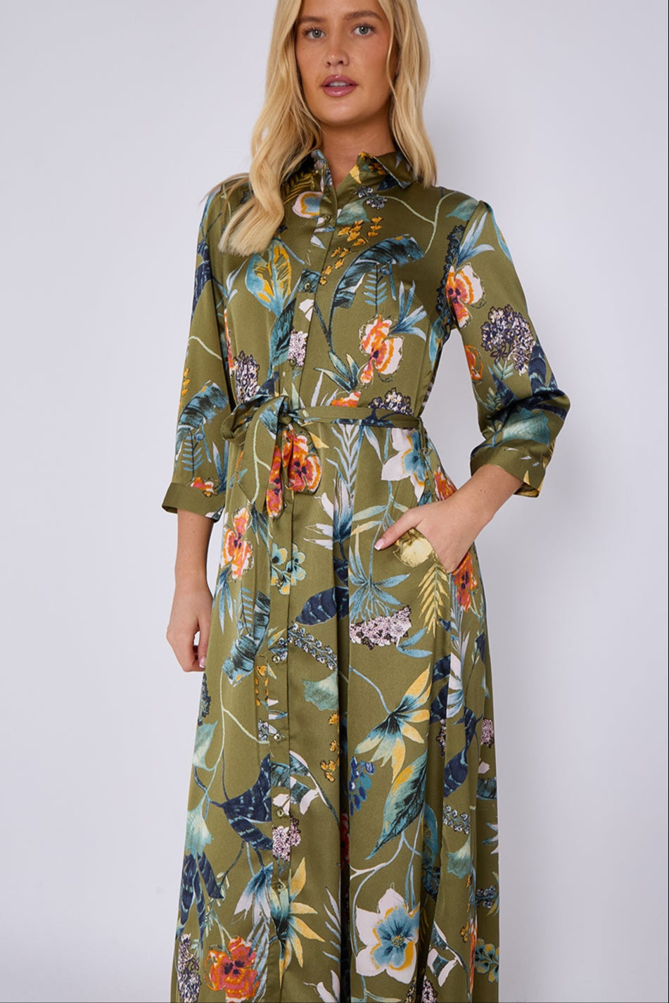 8Pcs Khaki Botanical Print Satin Maxi Shirt Dress