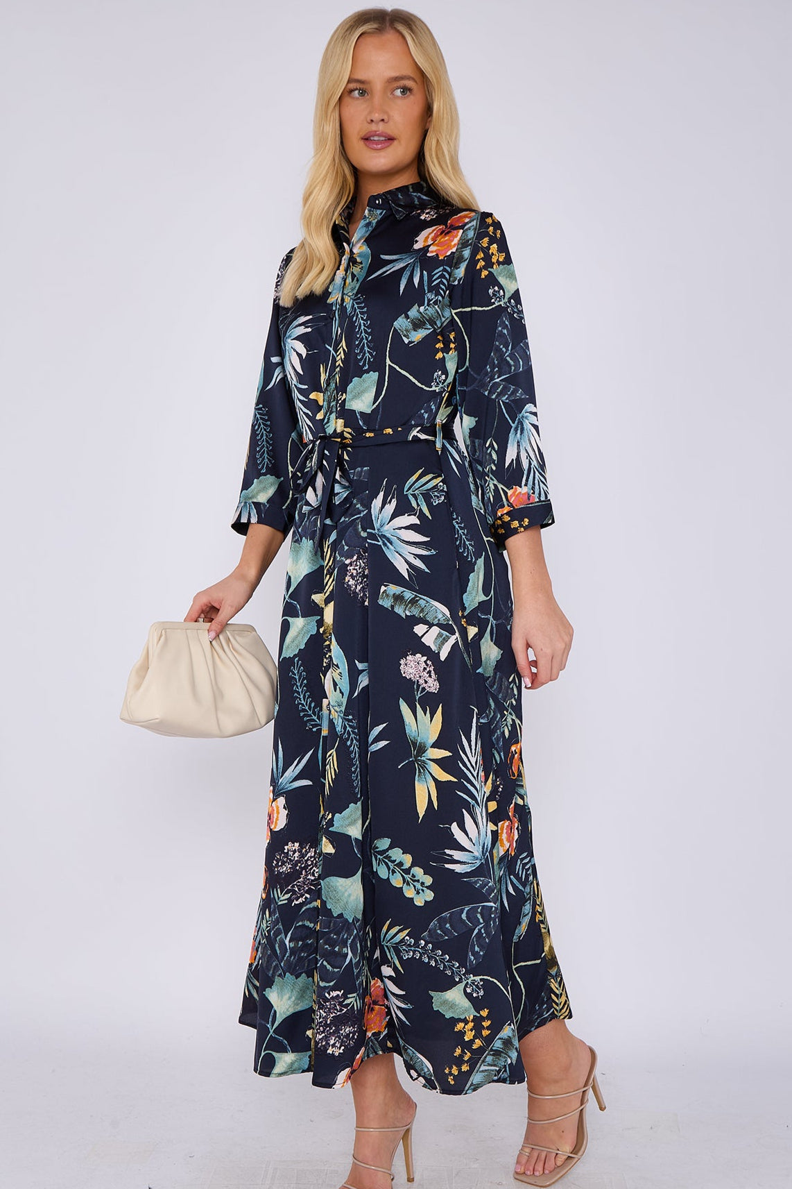 8Pcs Navy Botanical Print Satin Maxi Shirt Dress