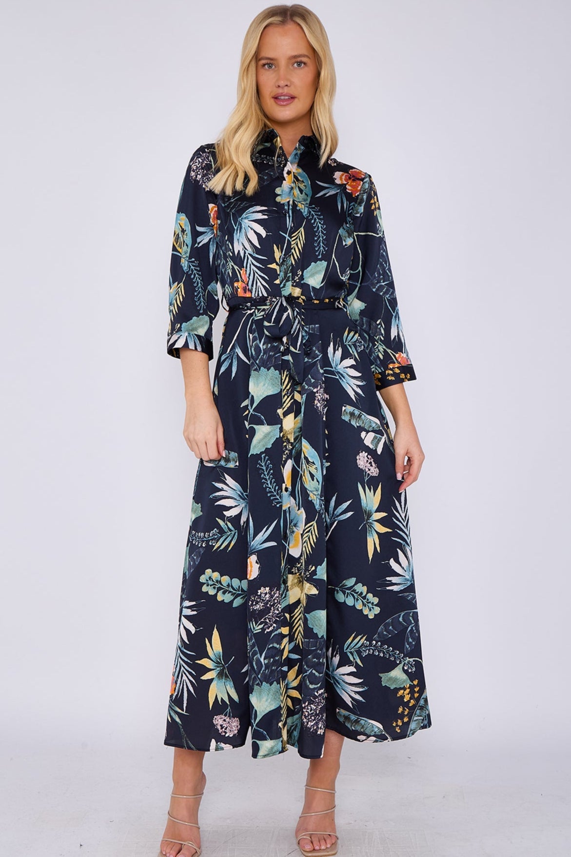 8Pcs Navy Botanical Print Satin Maxi Shirt Dress