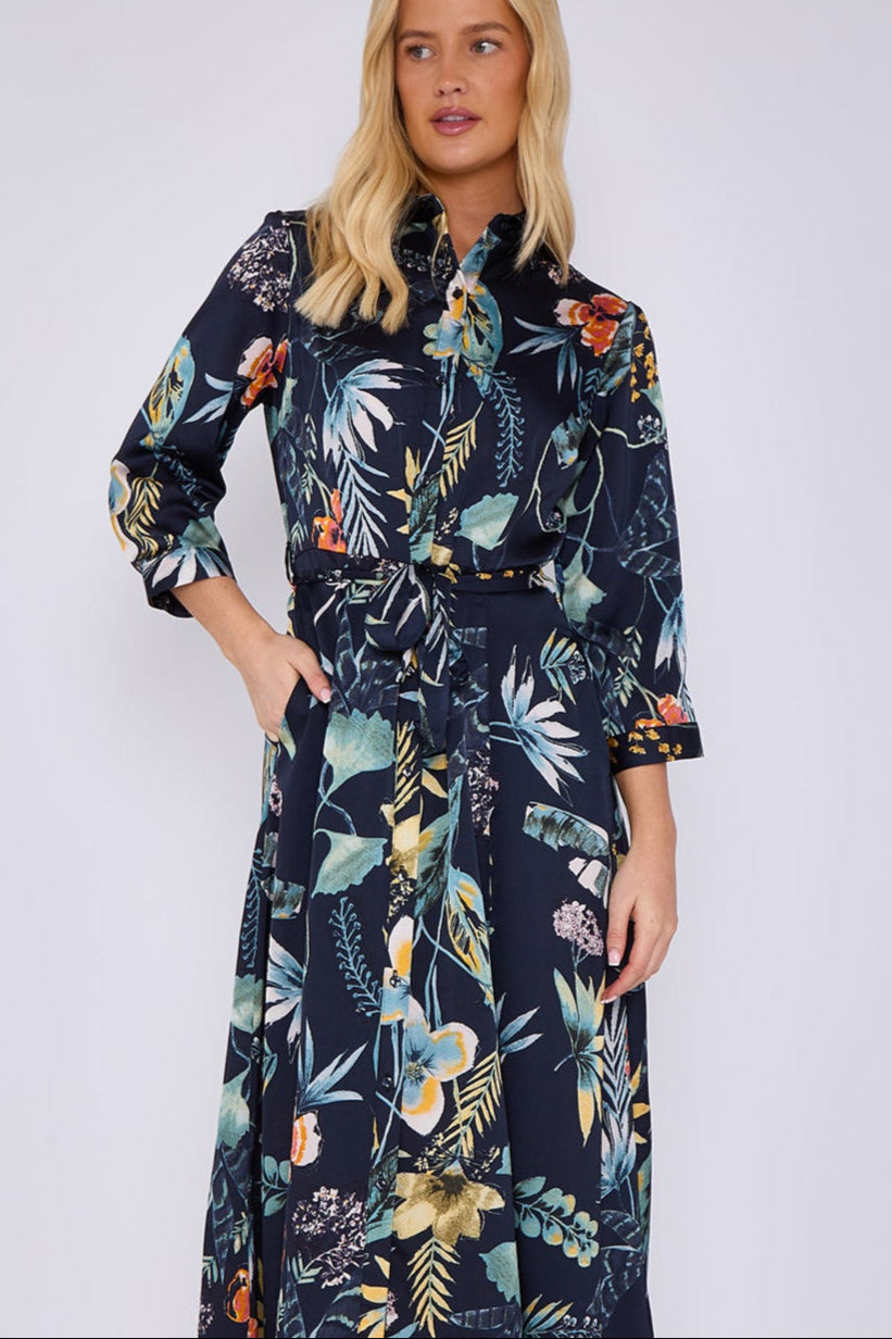 8Pcs Navy Botanical Print Satin Maxi Shirt Dress