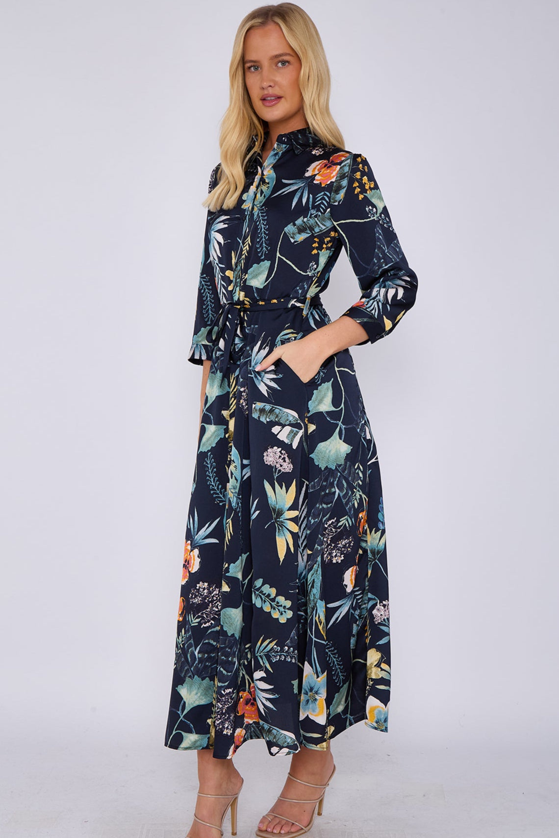 8Pcs Navy Botanical Print Satin Maxi Shirt Dress