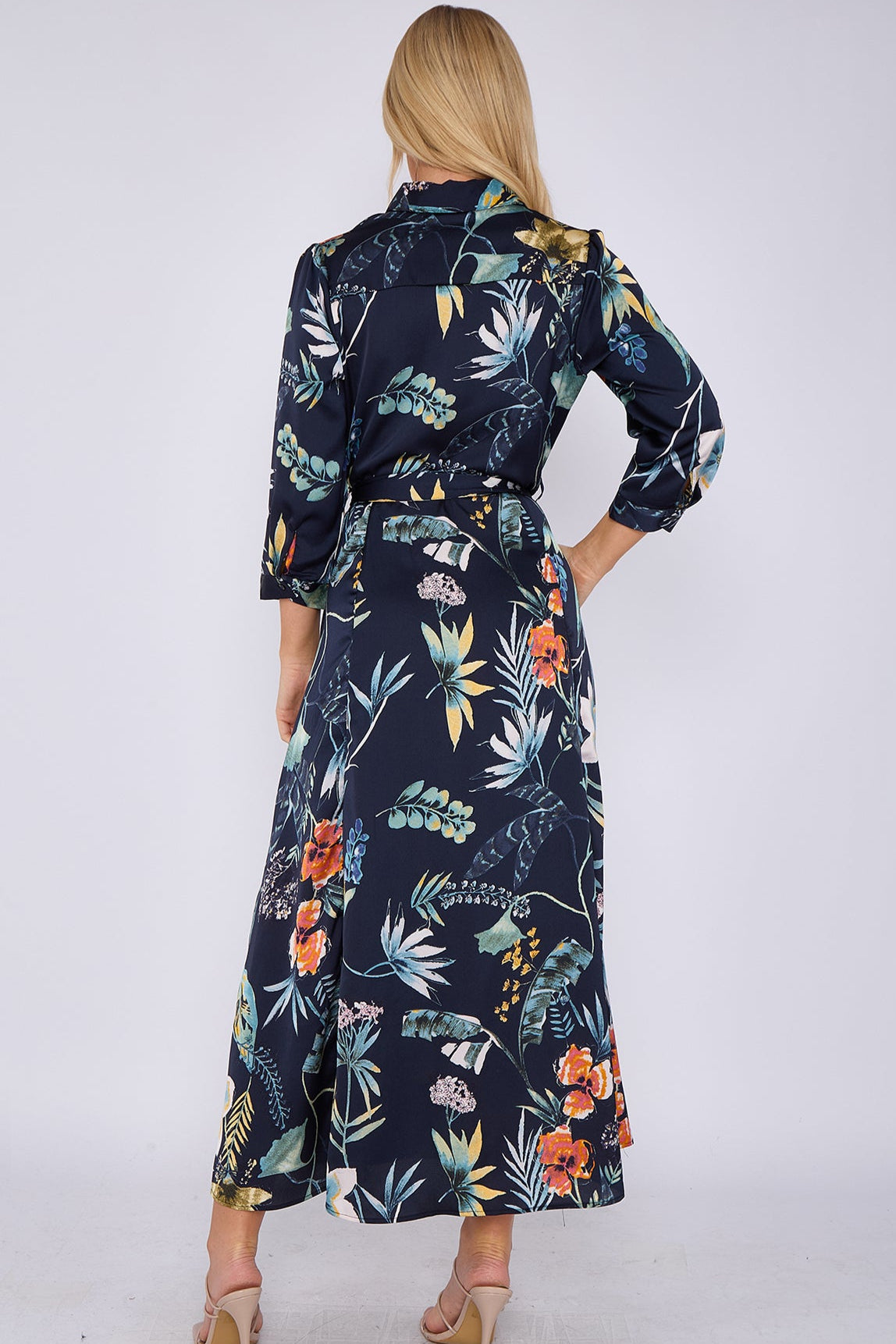 8Pcs Navy Botanical Print Satin Maxi Shirt Dress
