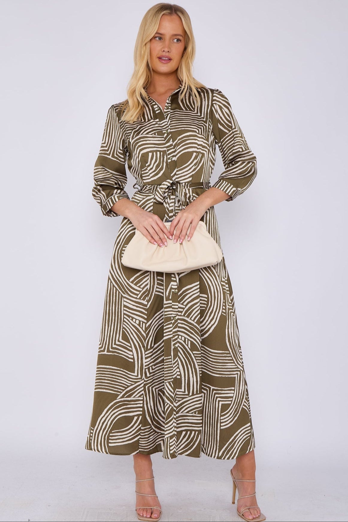 8Pcs Khaki Geometric Print Satin Maxi Shirt Dress