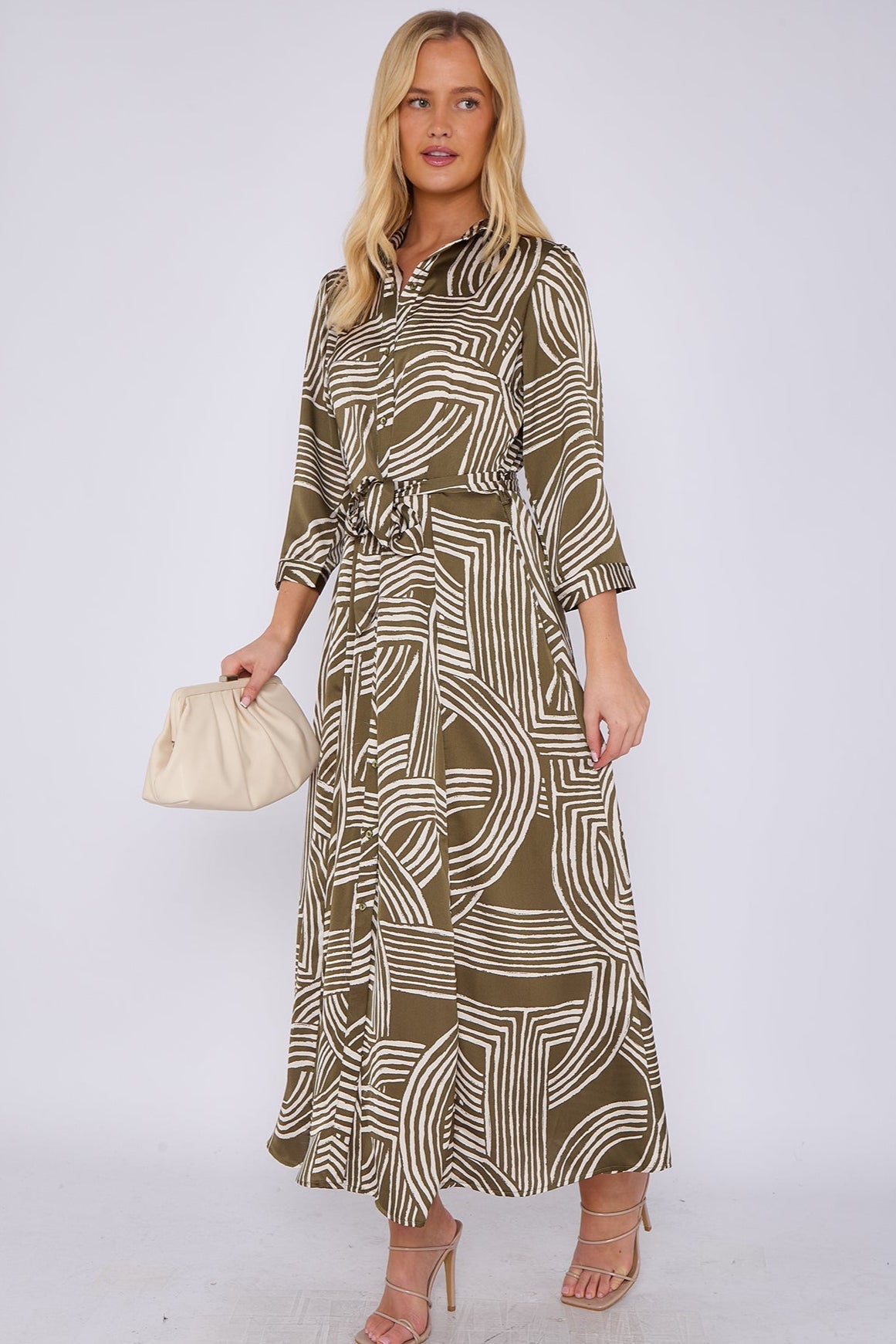 8Pcs Khaki Geometric Print Satin Maxi Shirt Dress