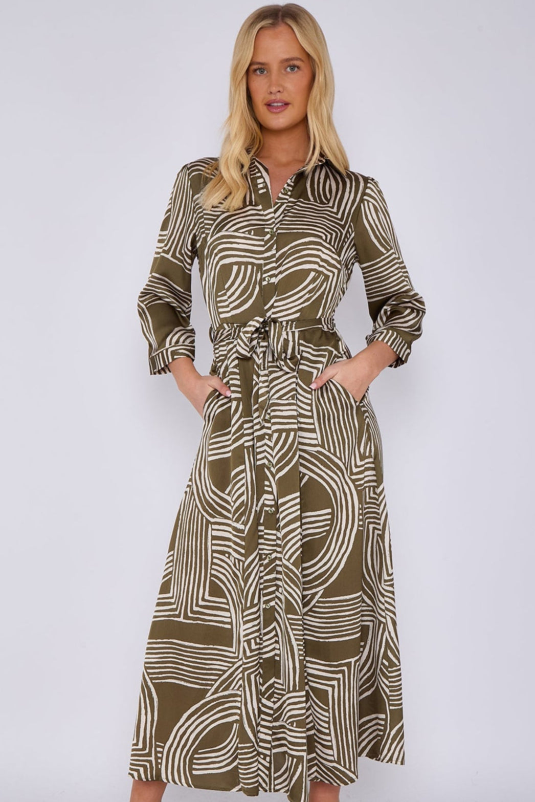 8Pcs Khaki Geometric Print Satin Maxi Shirt Dress