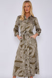 8Pcs Khaki Geometric Print Satin Maxi Shirt Dress