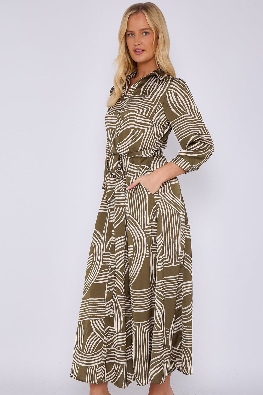 8Pcs Khaki Geometric Print Satin Maxi Shirt Dress