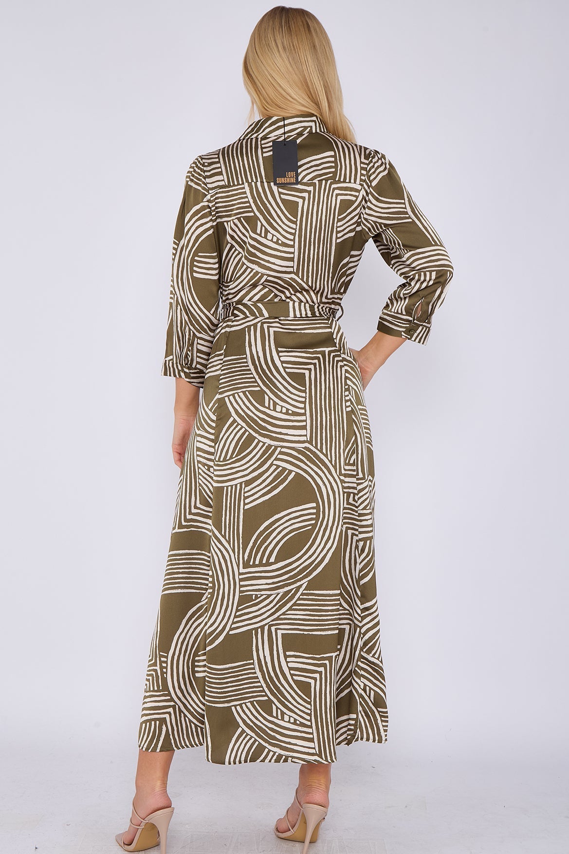 8Pcs Khaki Geometric Print Satin Maxi Shirt Dress