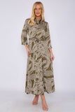 8Pcs Khaki Geometric Print Satin Maxi Shirt Dress