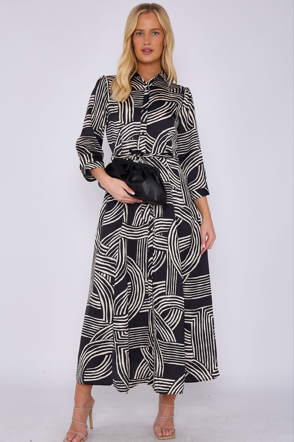 8Pcs Black Geometric Print Satin Maxi Shirt Dress