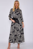 8Pcs Black Geometric Print Satin Maxi Shirt Dress