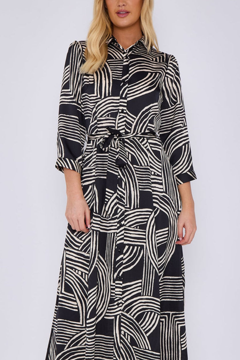 8Pcs Black Geometric Print Satin Maxi Shirt Dress