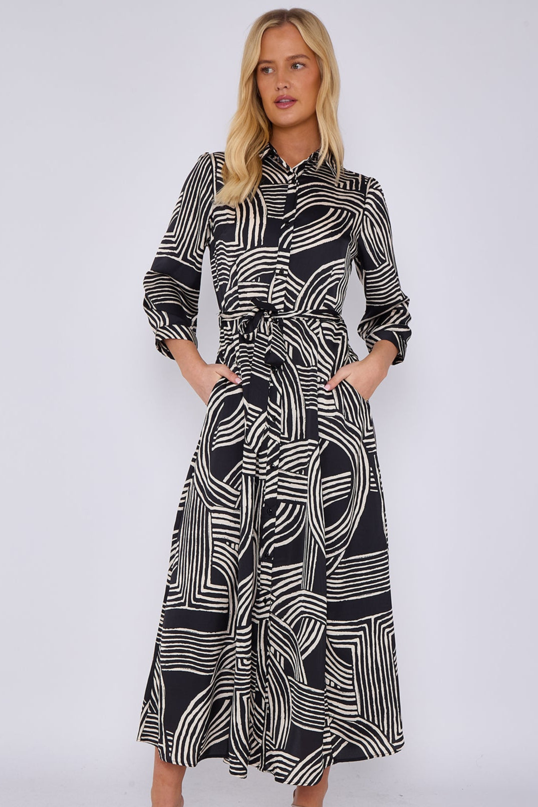 8Pcs Black Geometric Print Satin Maxi Shirt Dress