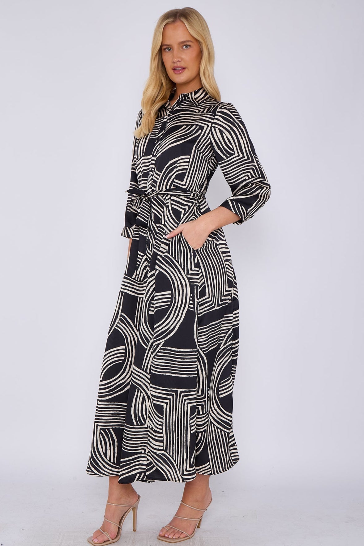 8Pcs Black Geometric Print Satin Maxi Shirt Dress