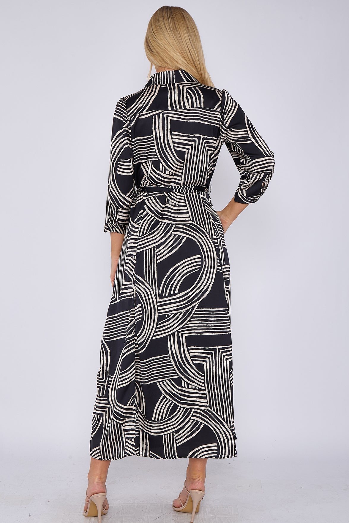 8Pcs Black Geometric Print Satin Maxi Shirt Dress