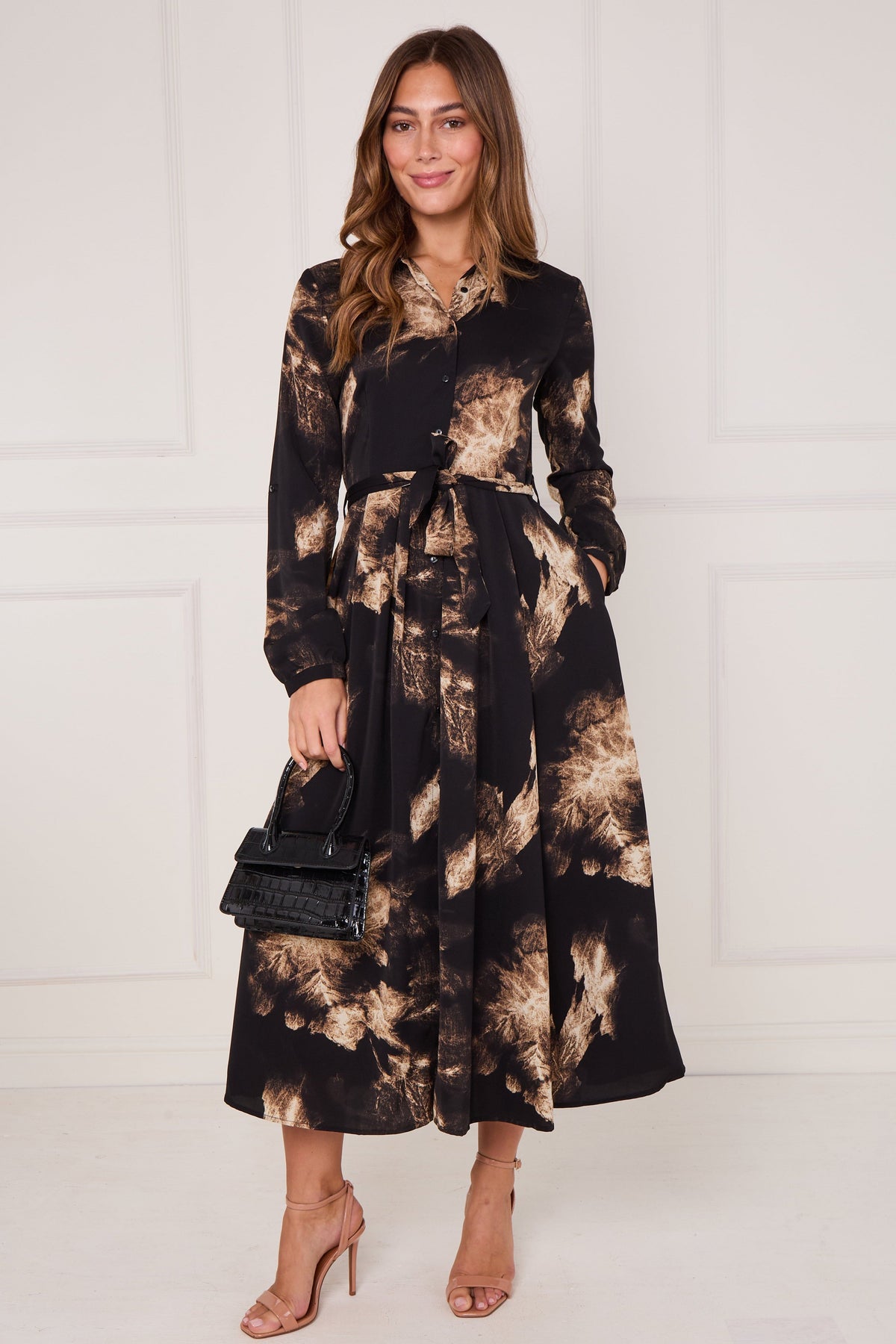8Pcs Black and Gold Tie Dye Print Maxi Shirt Dress