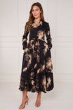 8Pcs Black and Gold Tie Dye Print Maxi Shirt Dress