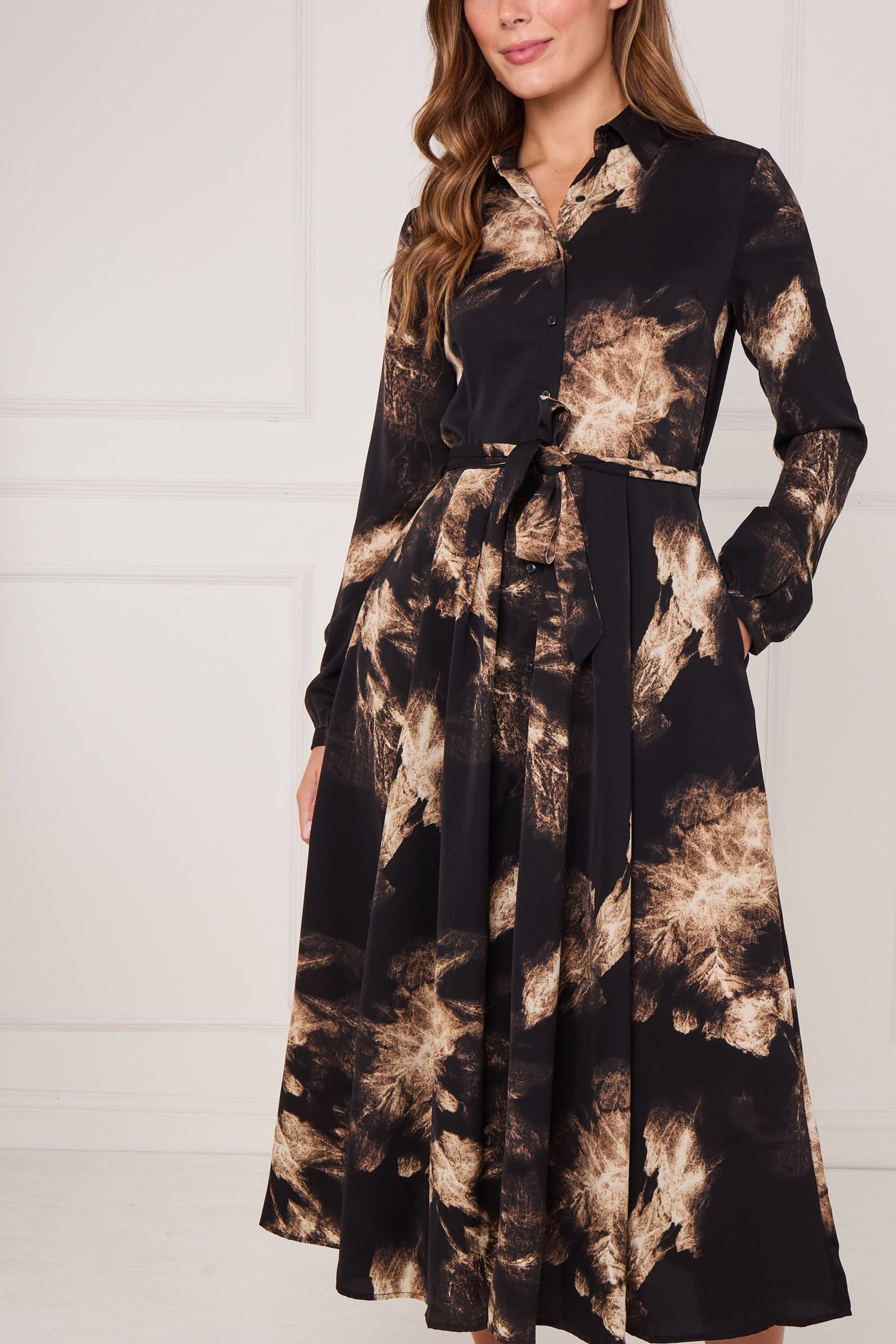 8Pcs Black and Gold Tie Dye Print Maxi Shirt Dress