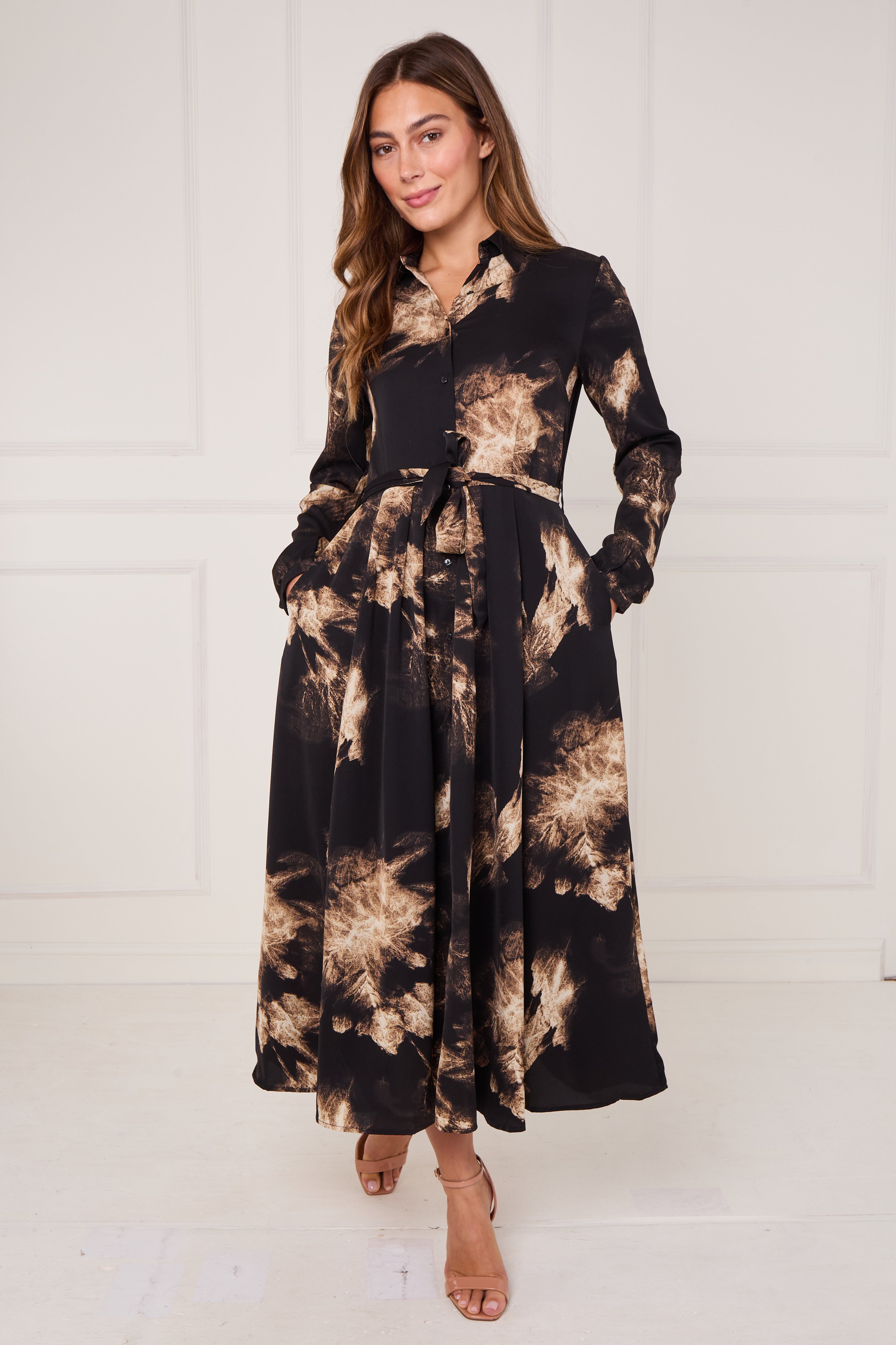 8Pcs Black and Gold Tie Dye Print Maxi Shirt Dress