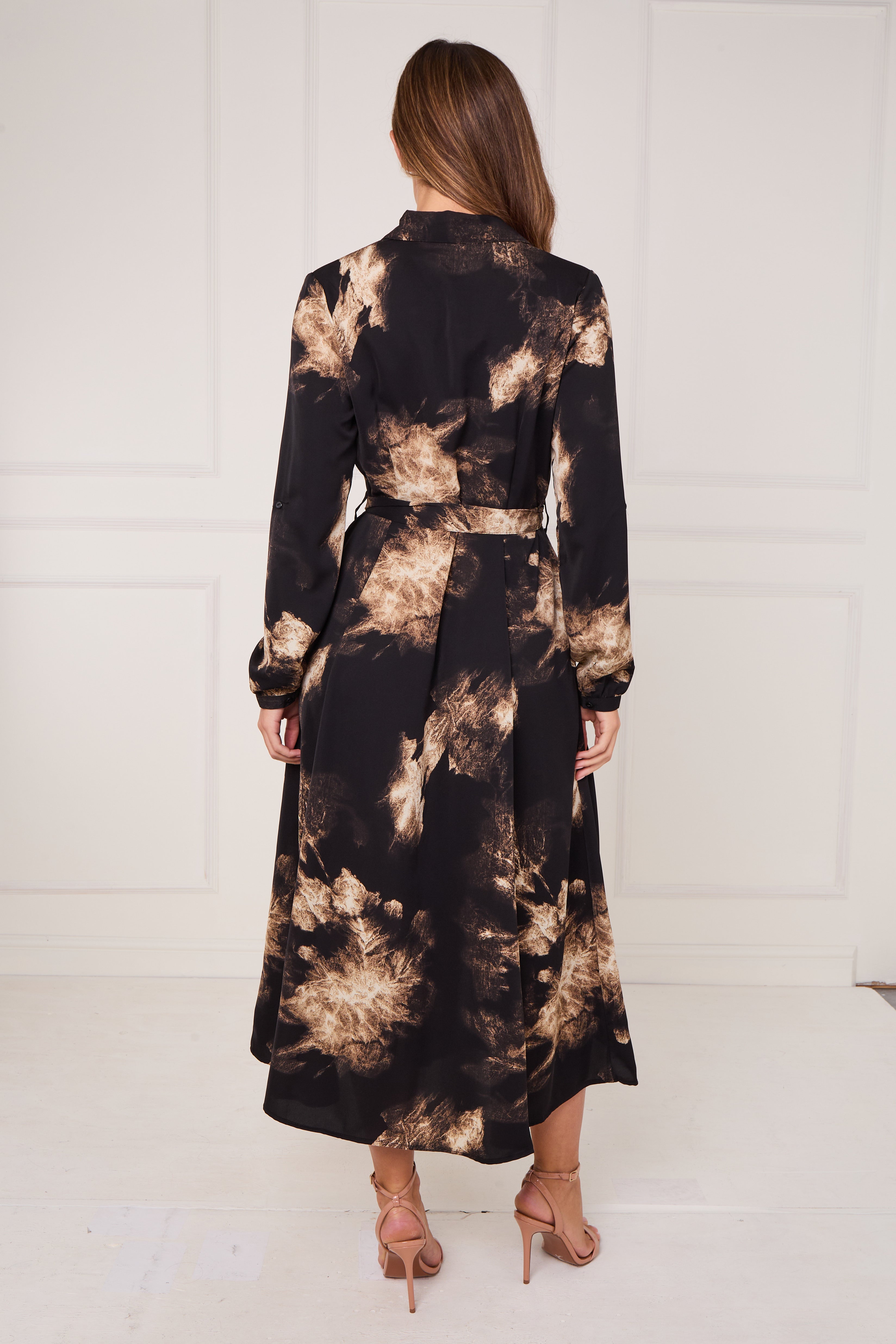 8Pcs Black and Gold Tie Dye Print Maxi Shirt Dress