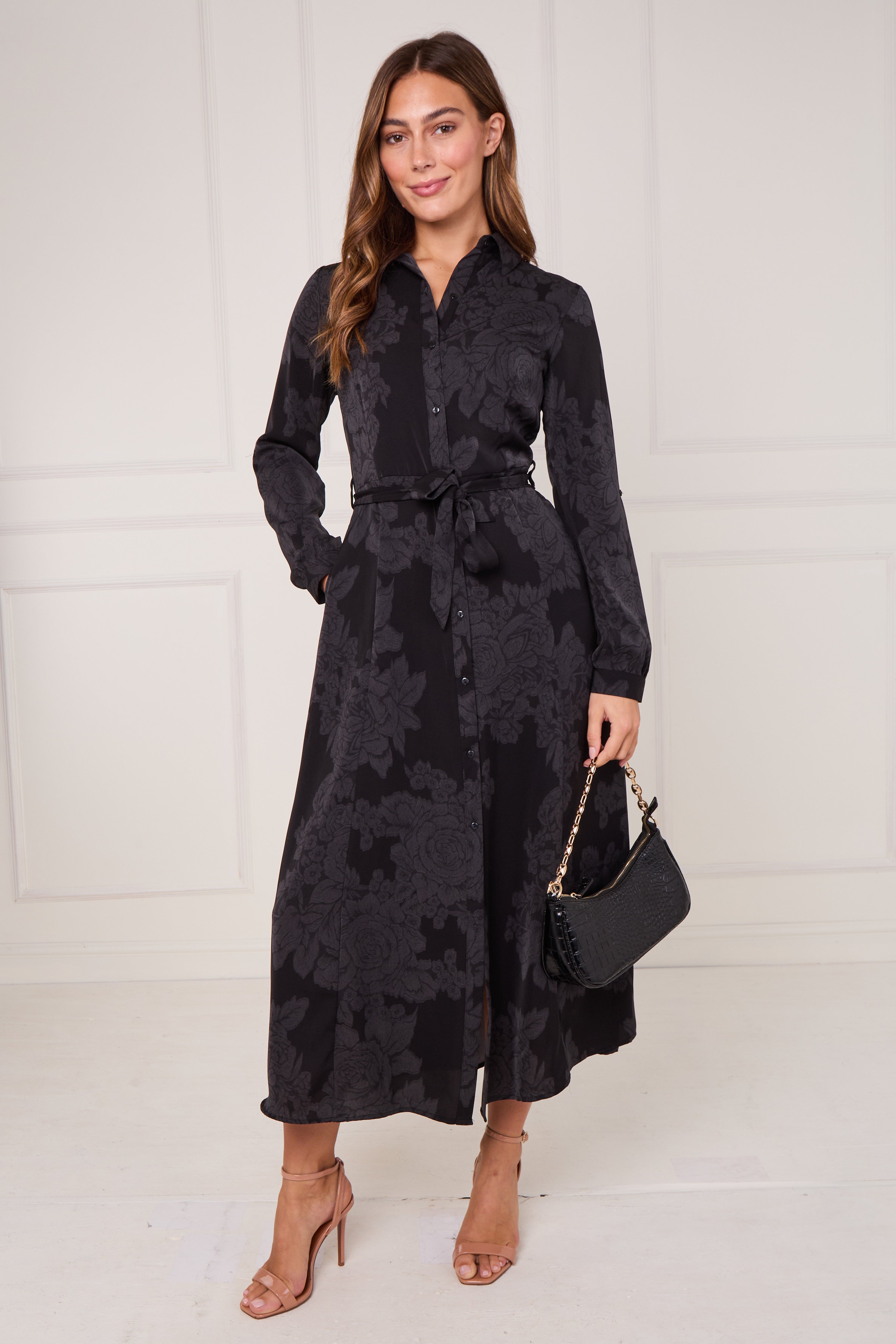 8Pcs Black Tonal Rose Print Maxi Shirt Dress