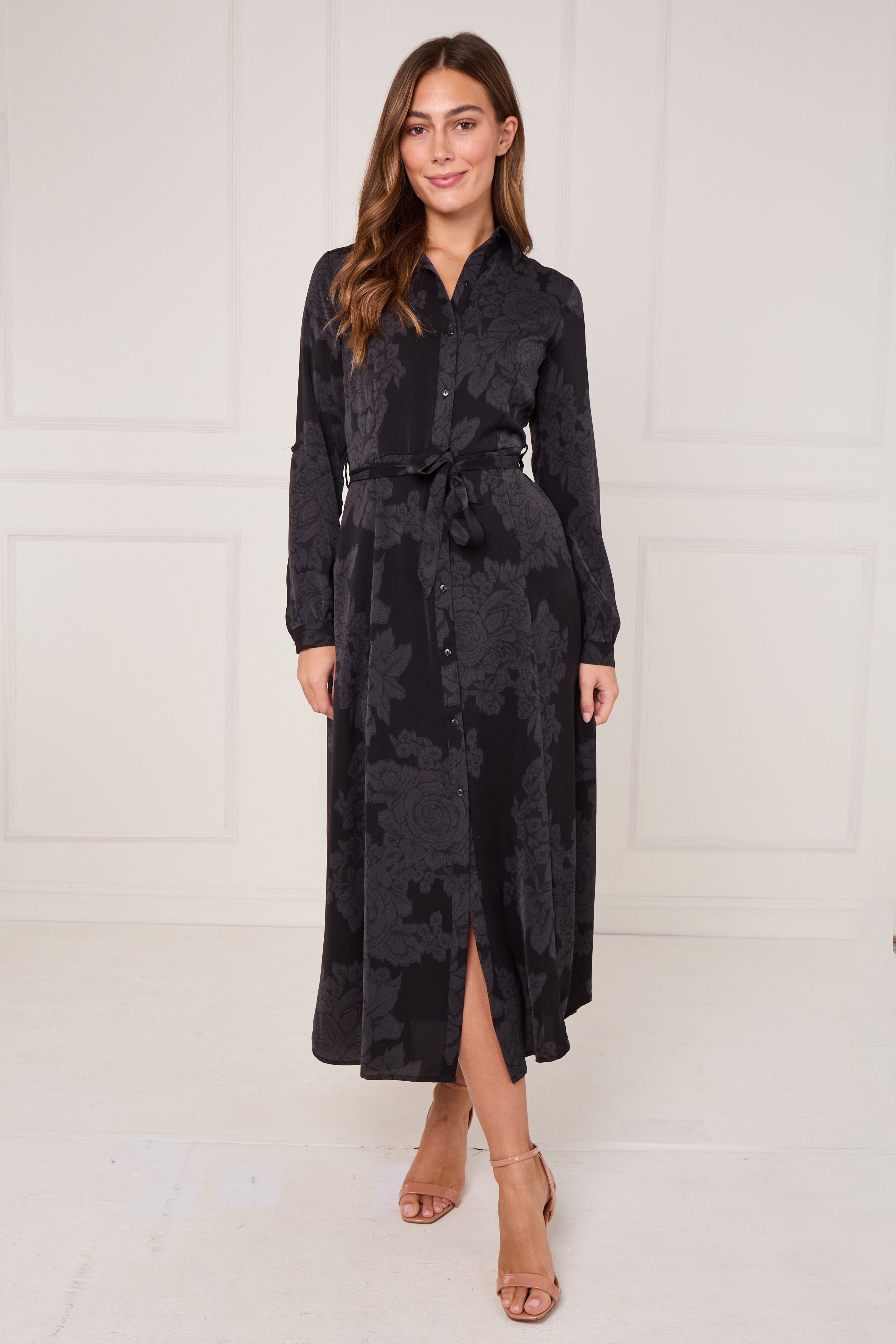 8Pcs Black Tonal Rose Print Maxi Shirt Dress