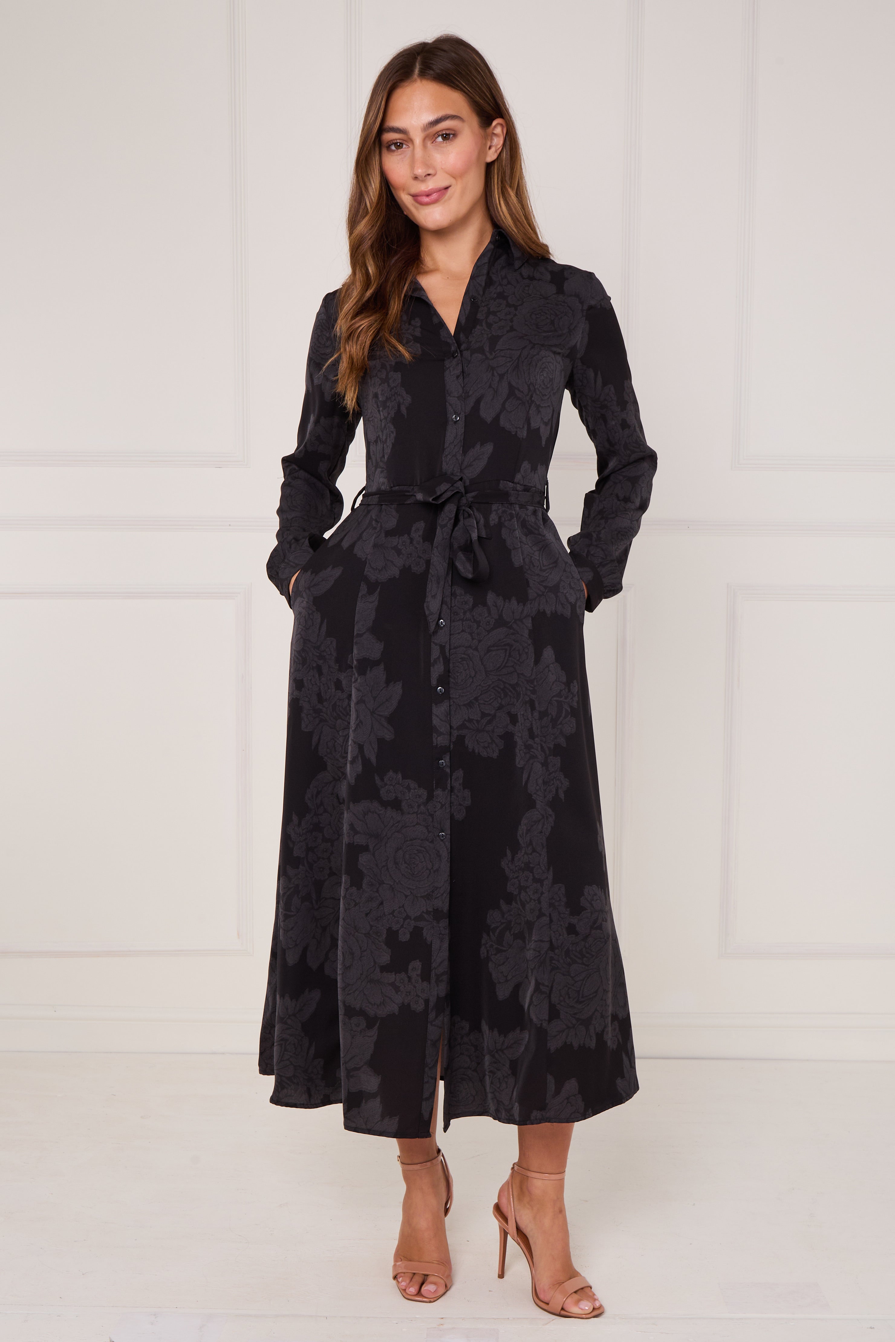 8Pcs Black Tonal Rose Print Maxi Shirt Dress
