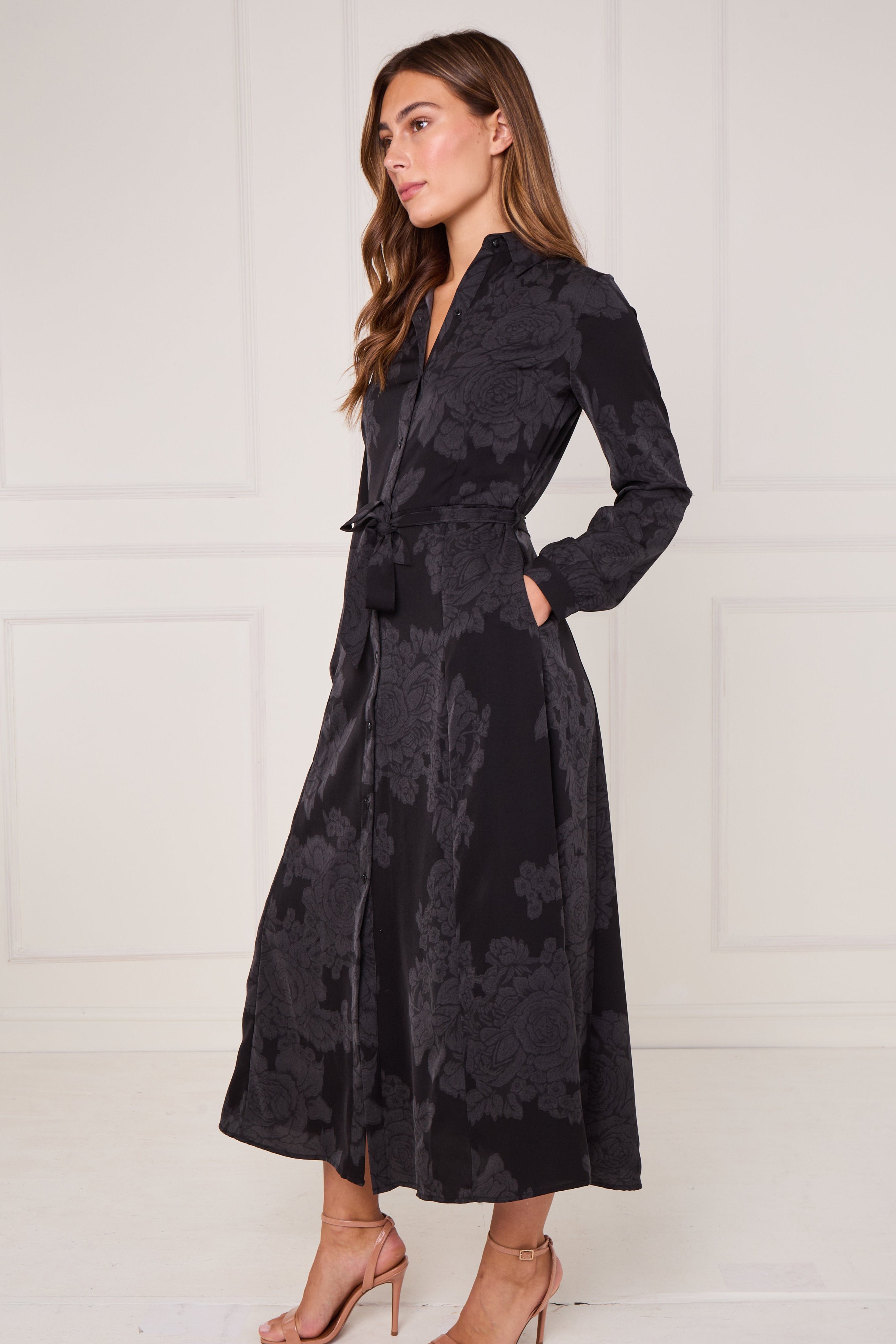 8Pcs Black Tonal Rose Print Maxi Shirt Dress