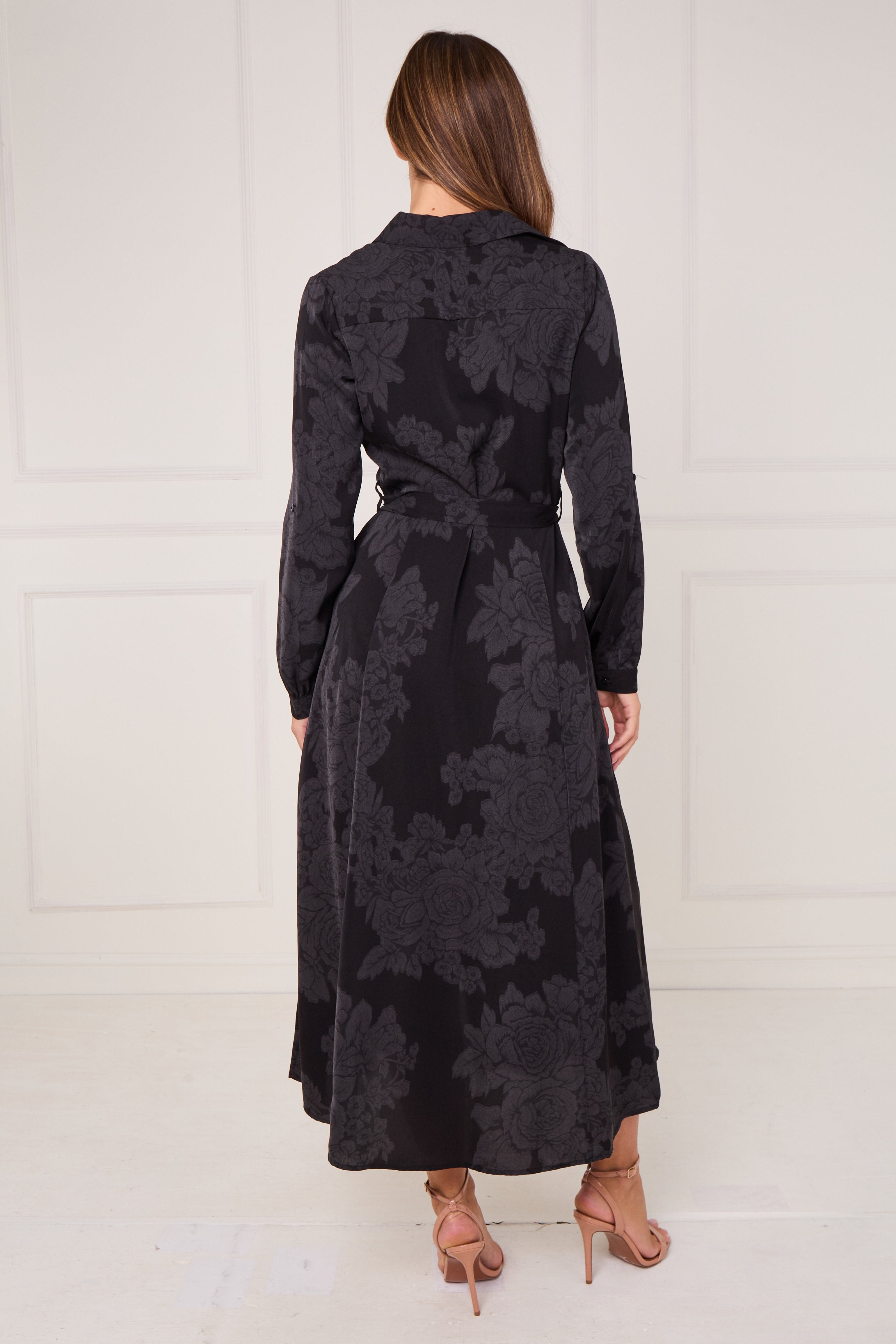 8Pcs Black Tonal Rose Print Maxi Shirt Dress