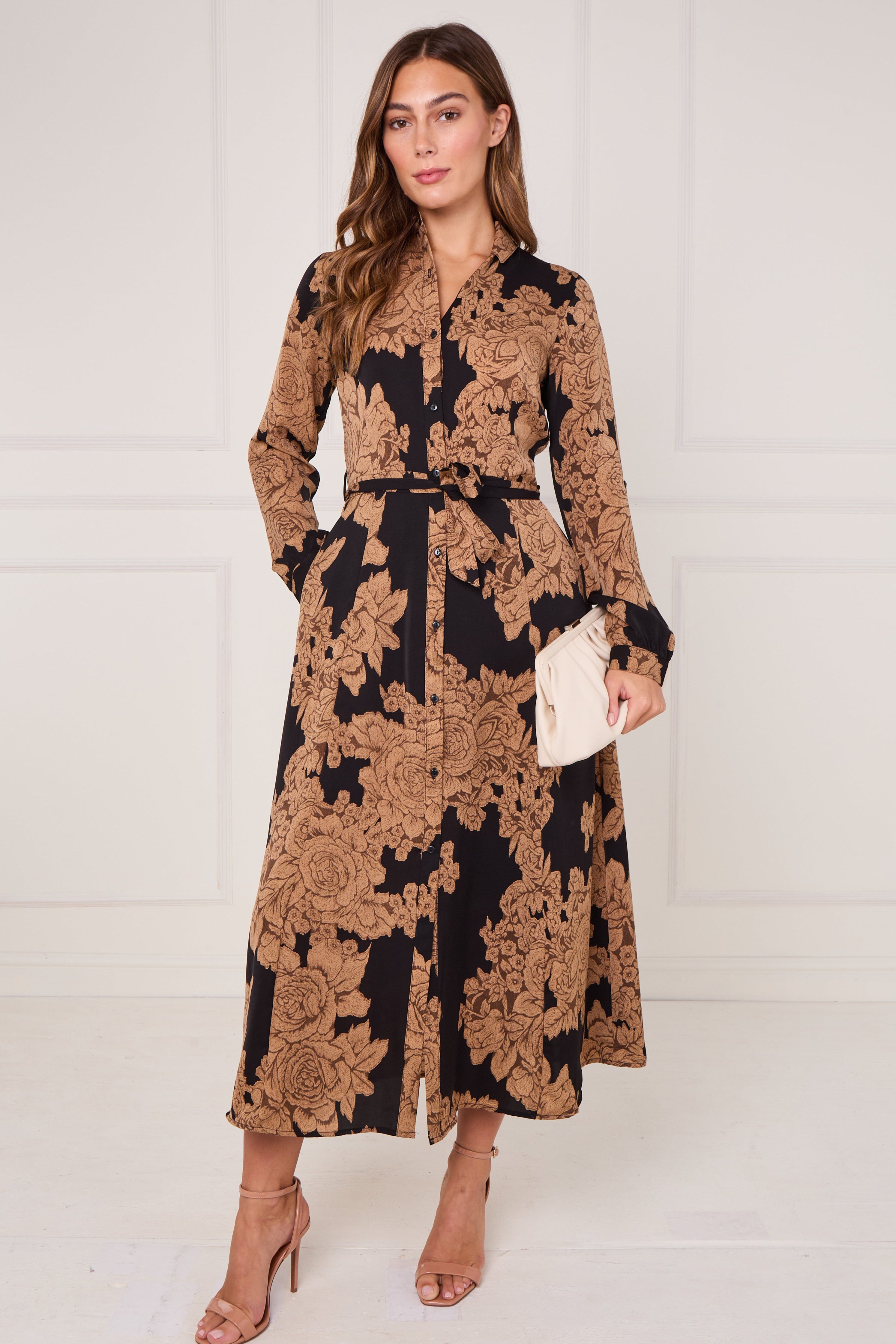 8Pcs Black and Camel Rose Print Maxi Shirt Dress