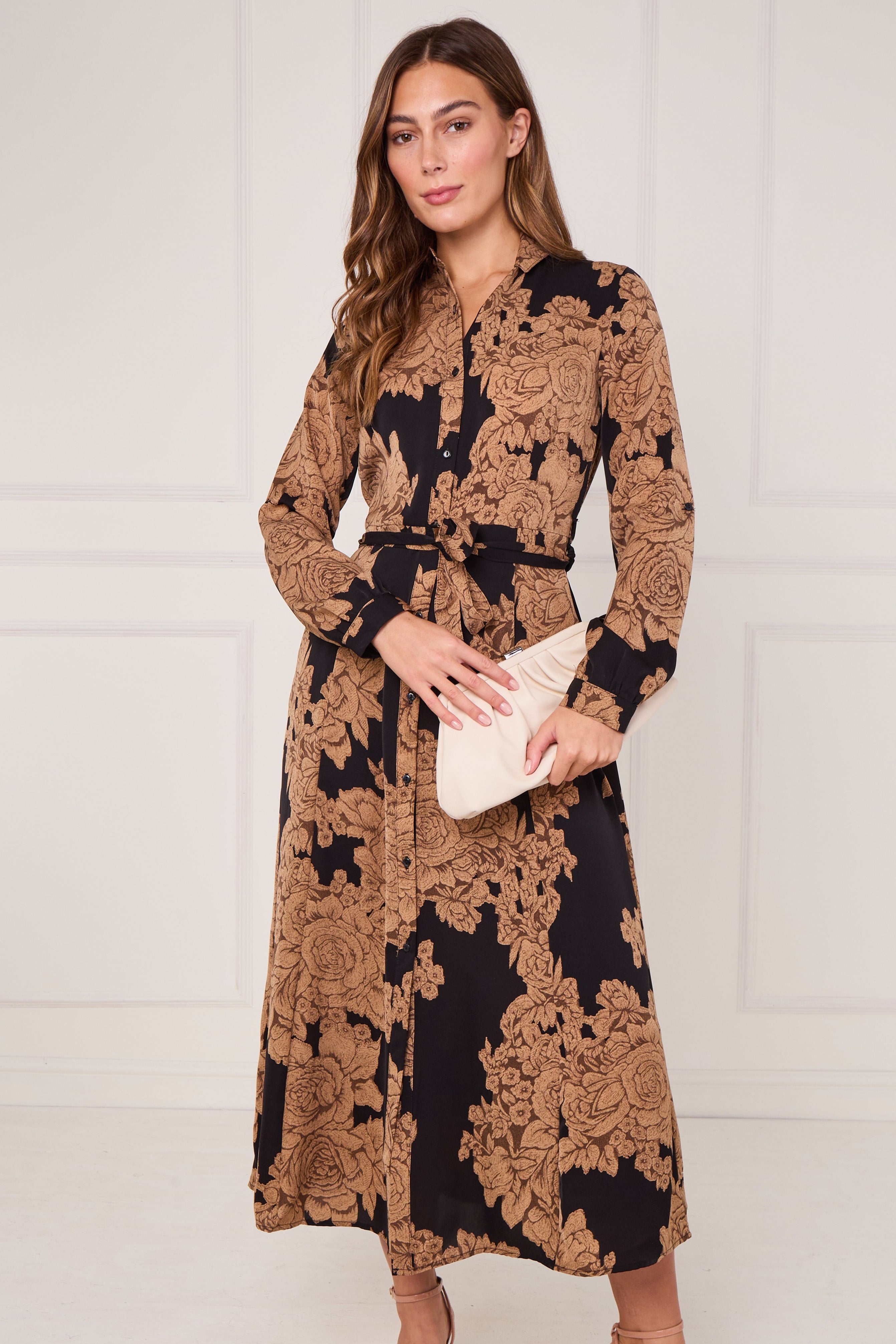 8Pcs Black and Camel Rose Print Maxi Shirt Dress