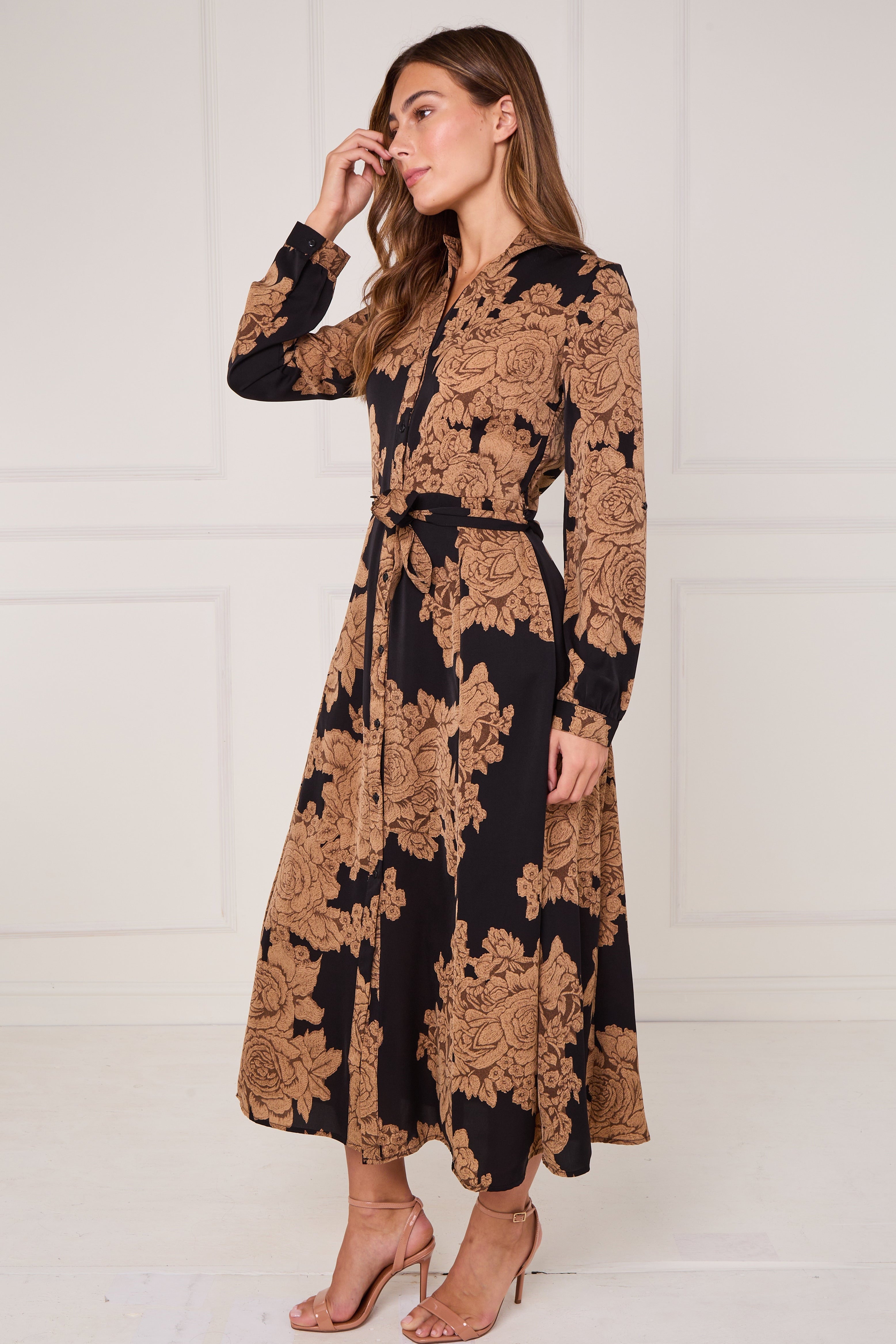 8Pcs Black and Camel Rose Print Maxi Shirt Dress
