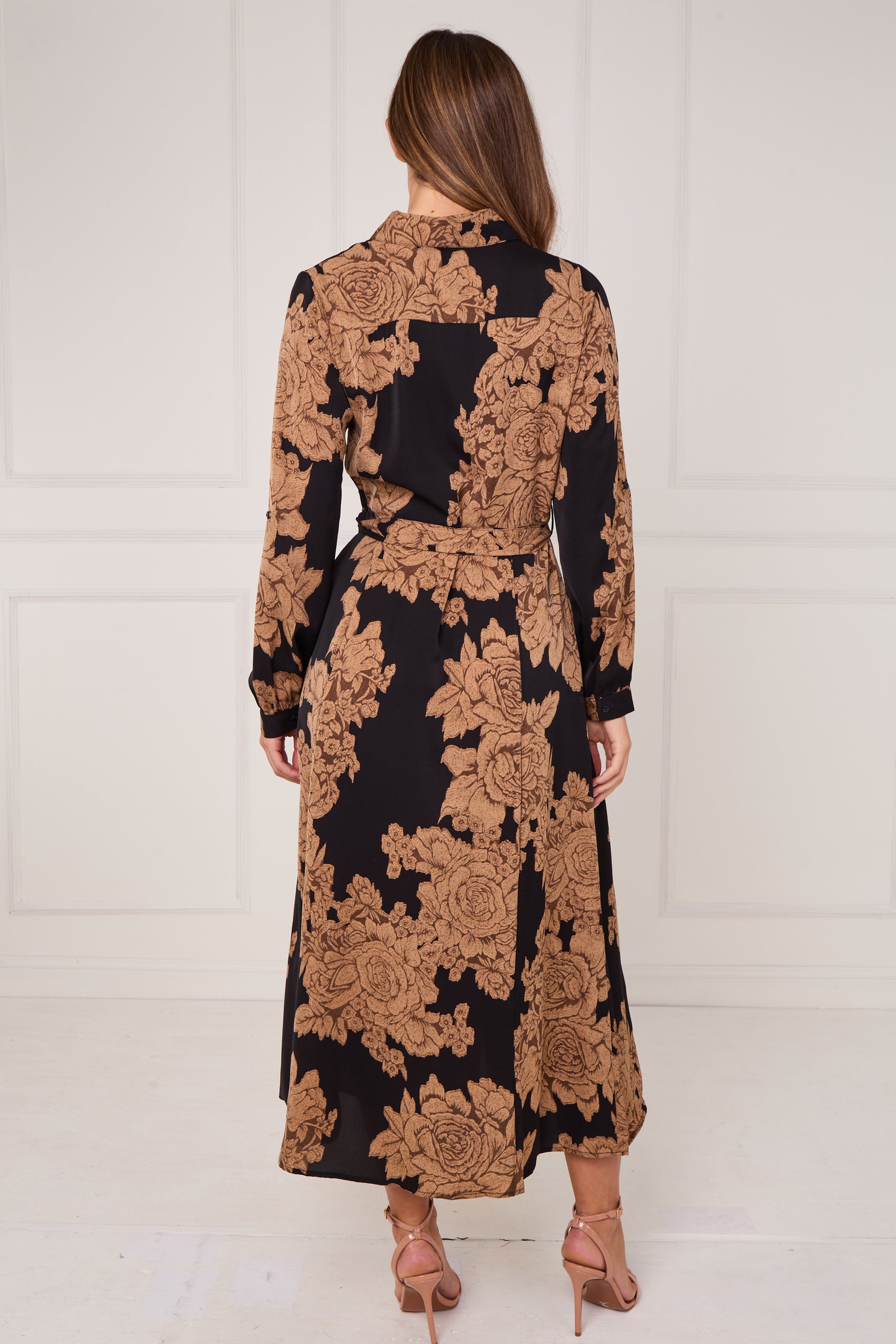 8Pcs Black and Camel Rose Print Maxi Shirt Dress