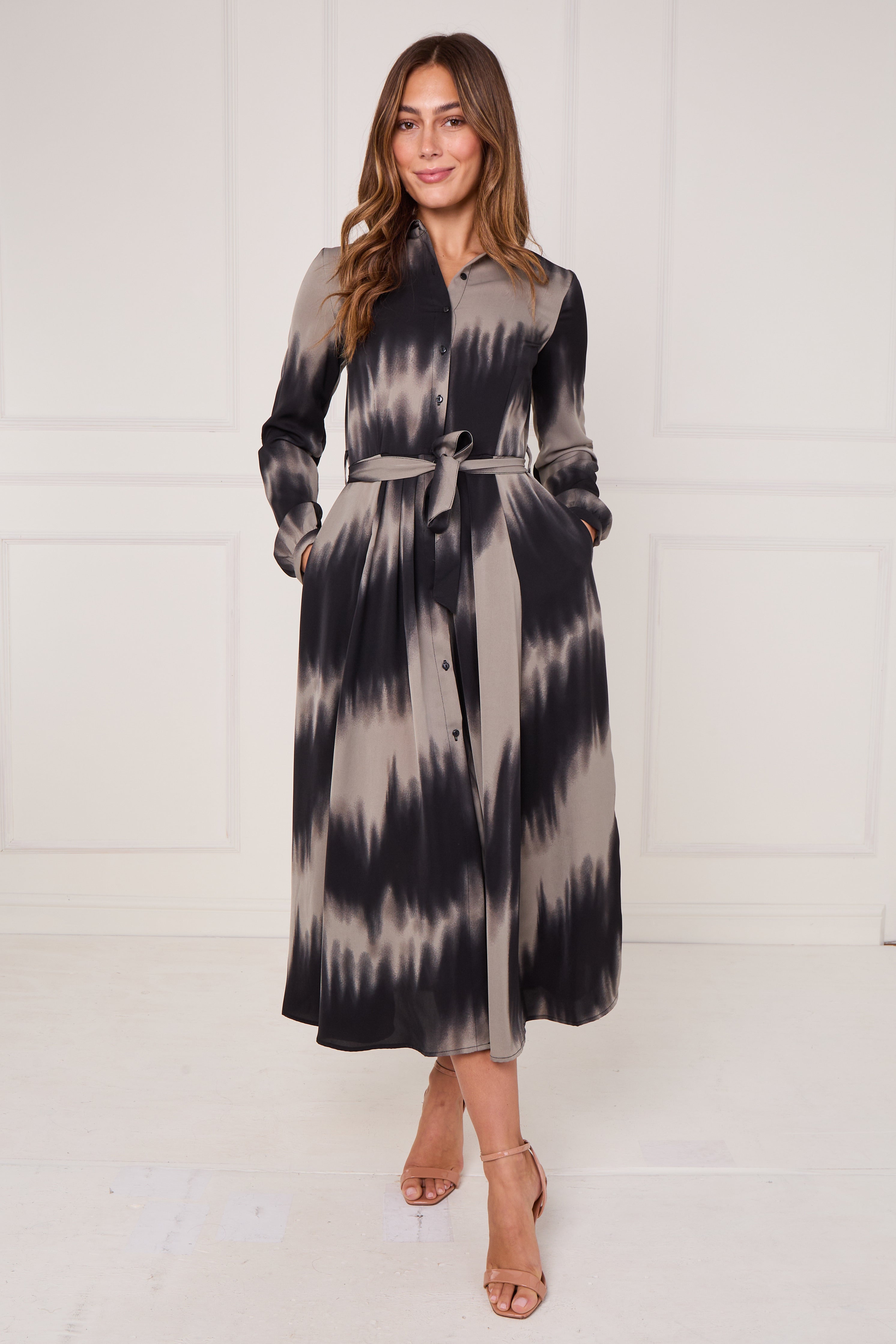 8Pcs Black and Grey Tie Dye Wave Print Maxi Shirt Dress
