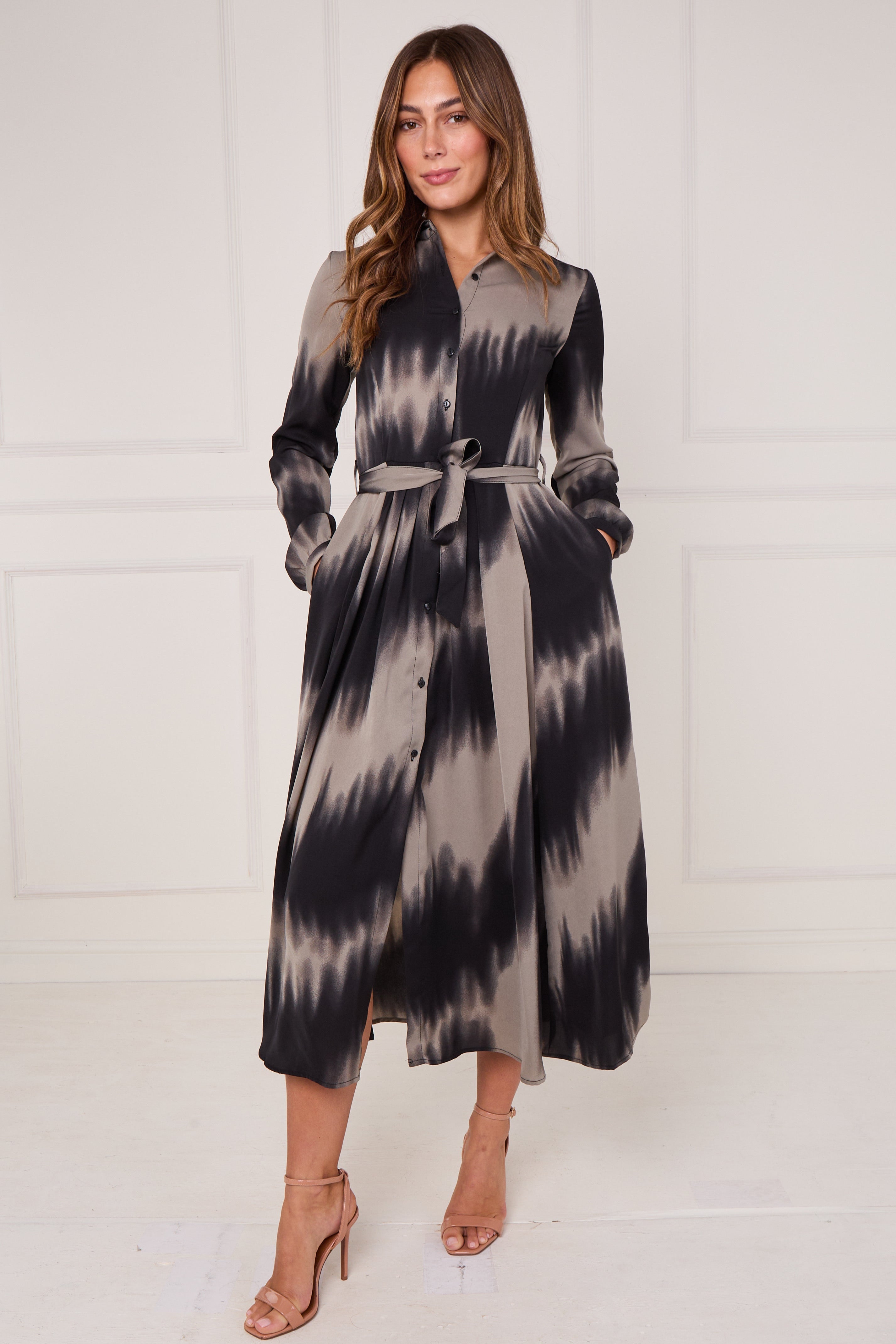 8Pcs Black and Grey Tie Dye Wave Print Maxi Shirt Dress