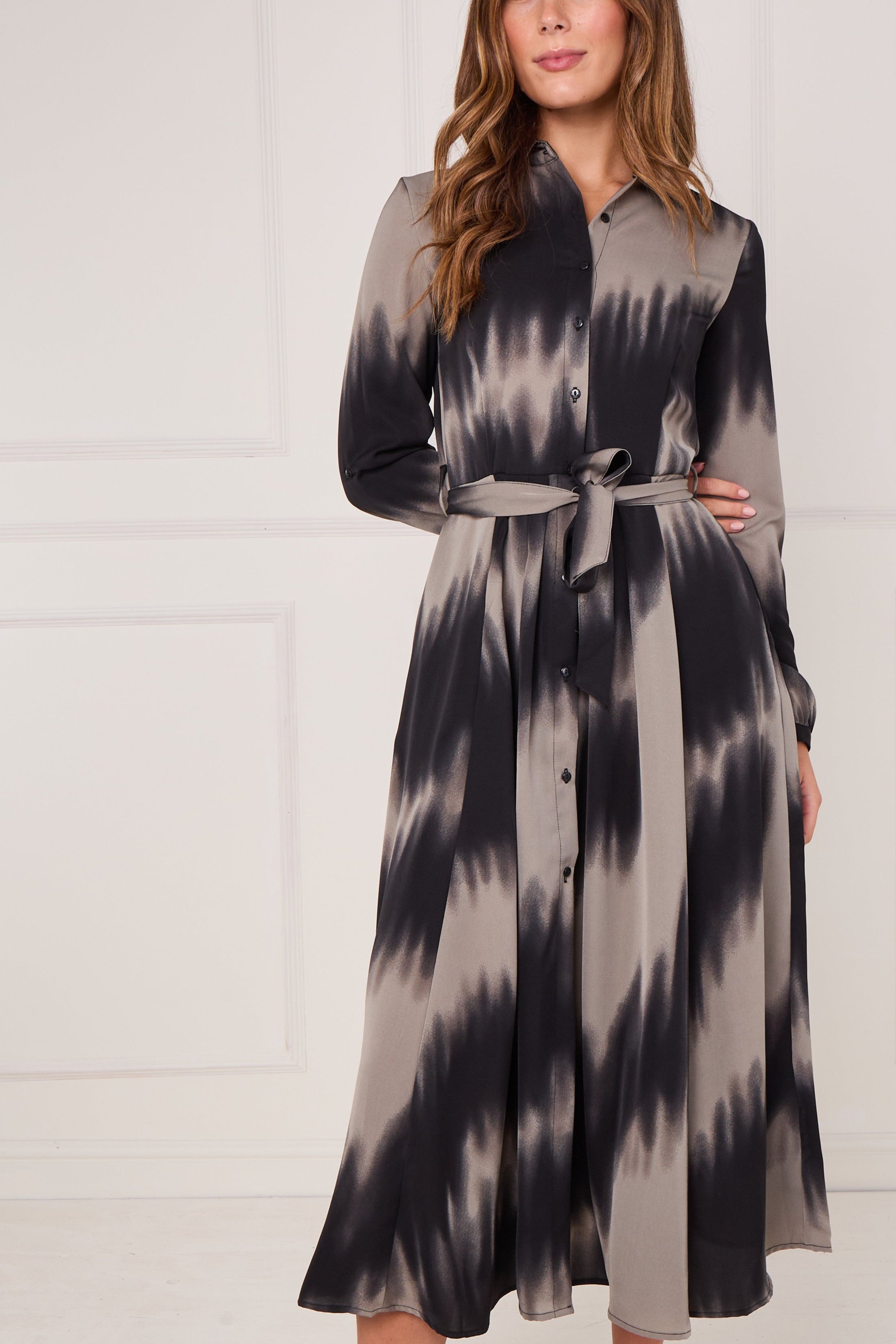 8Pcs Black and Grey Tie Dye Wave Print Maxi Shirt Dress