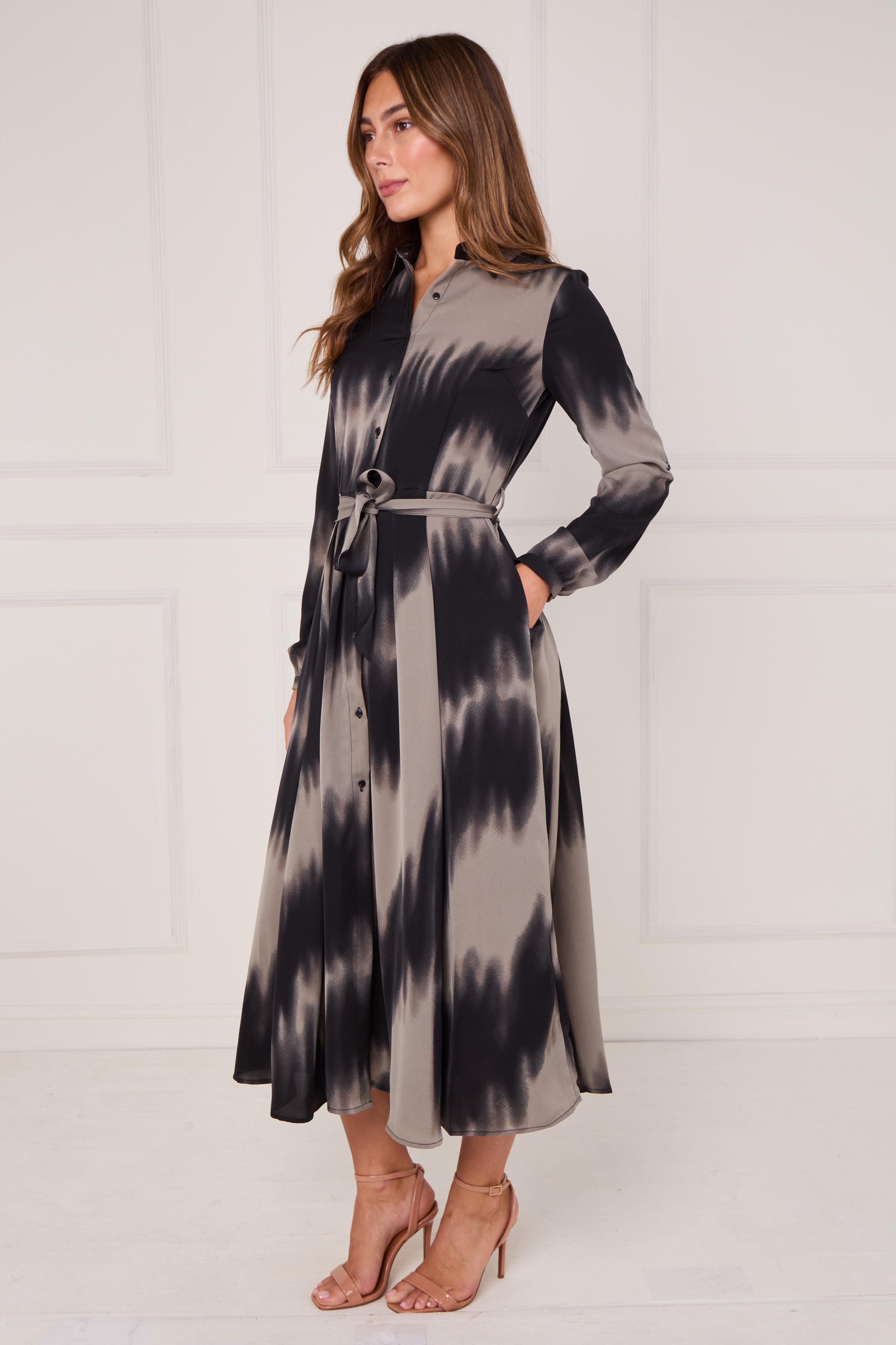 8Pcs Black and Grey Tie Dye Wave Print Maxi Shirt Dress