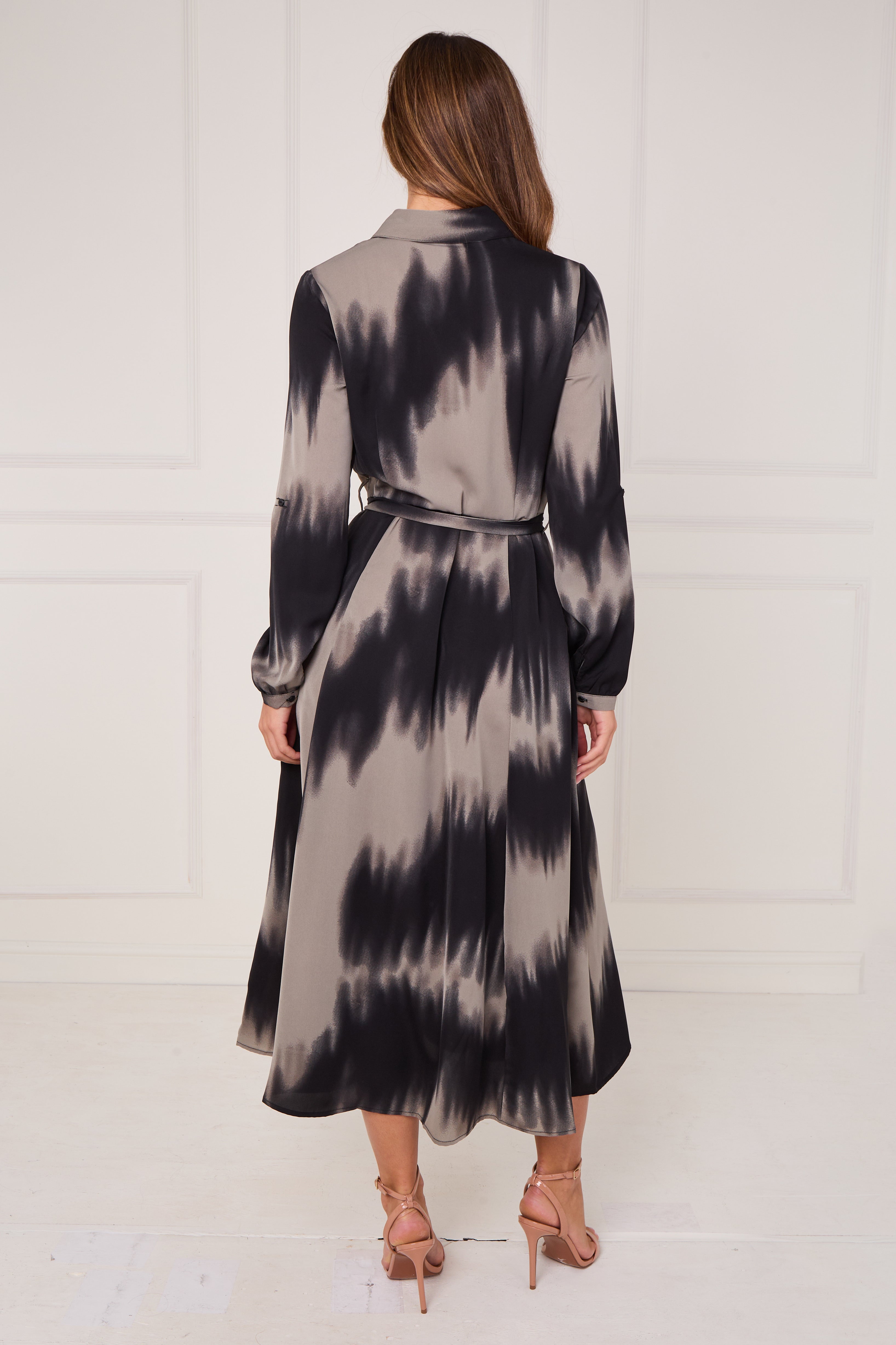 8Pcs Black and Grey Tie Dye Wave Print Maxi Shirt Dress