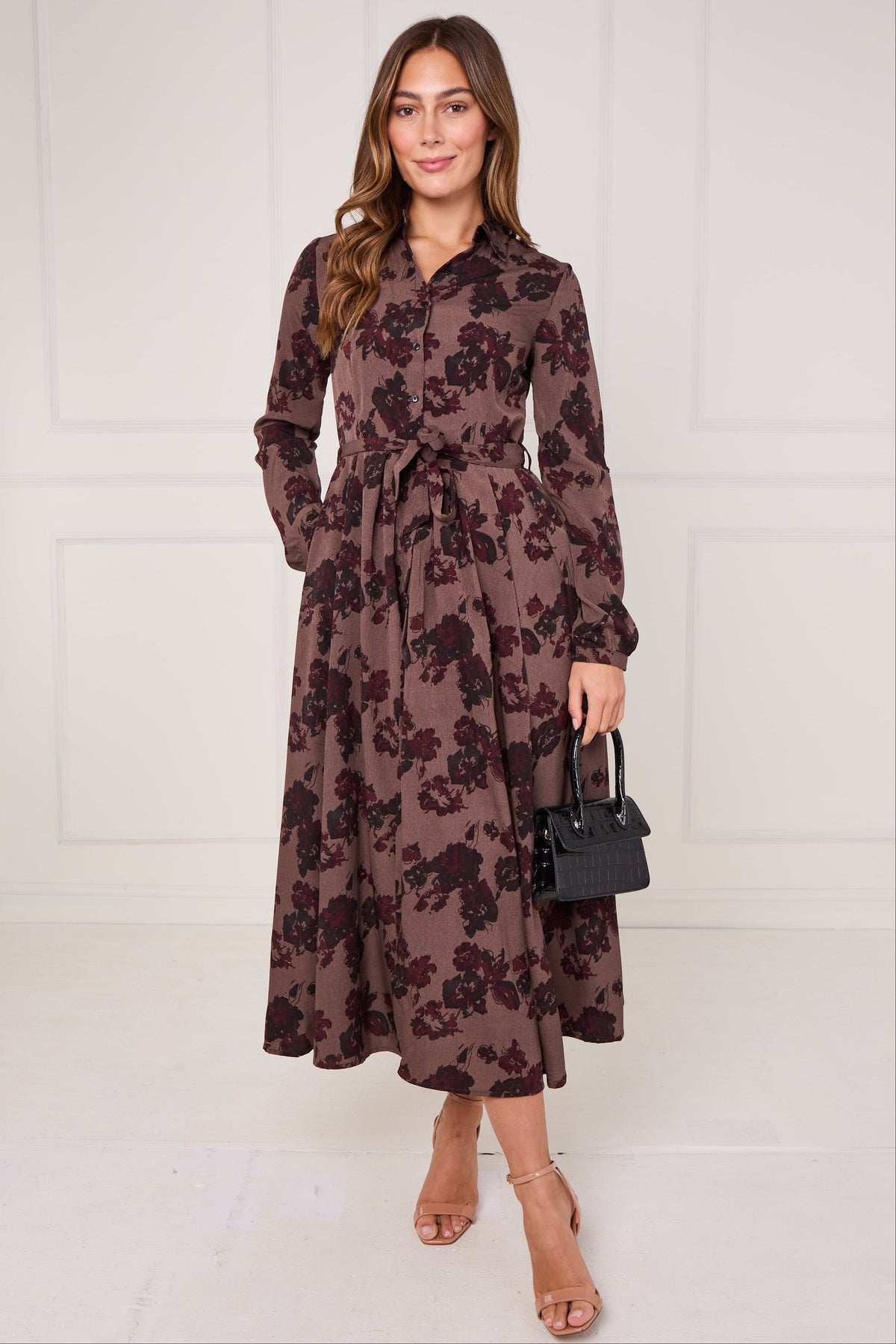 8Pcs Mocha Burgundy Ink Floral Maxi Shirt Dress