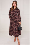 8Pcs Mocha Burgundy Ink Floral Maxi Shirt Dress