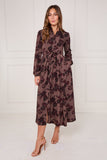 8Pcs Mocha Burgundy Ink Floral Maxi Shirt Dress