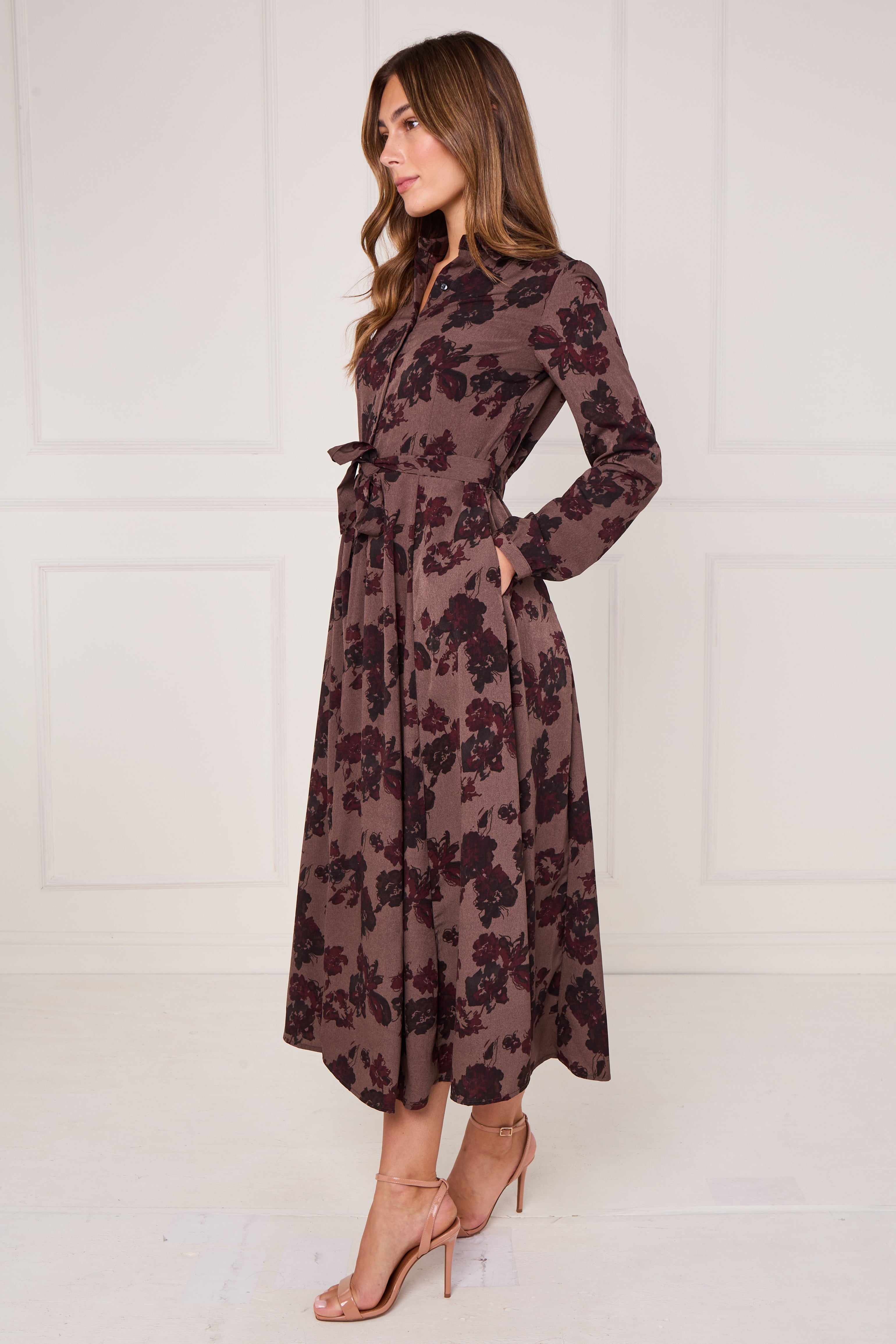 8Pcs Mocha Burgundy Ink Floral Maxi Shirt Dress